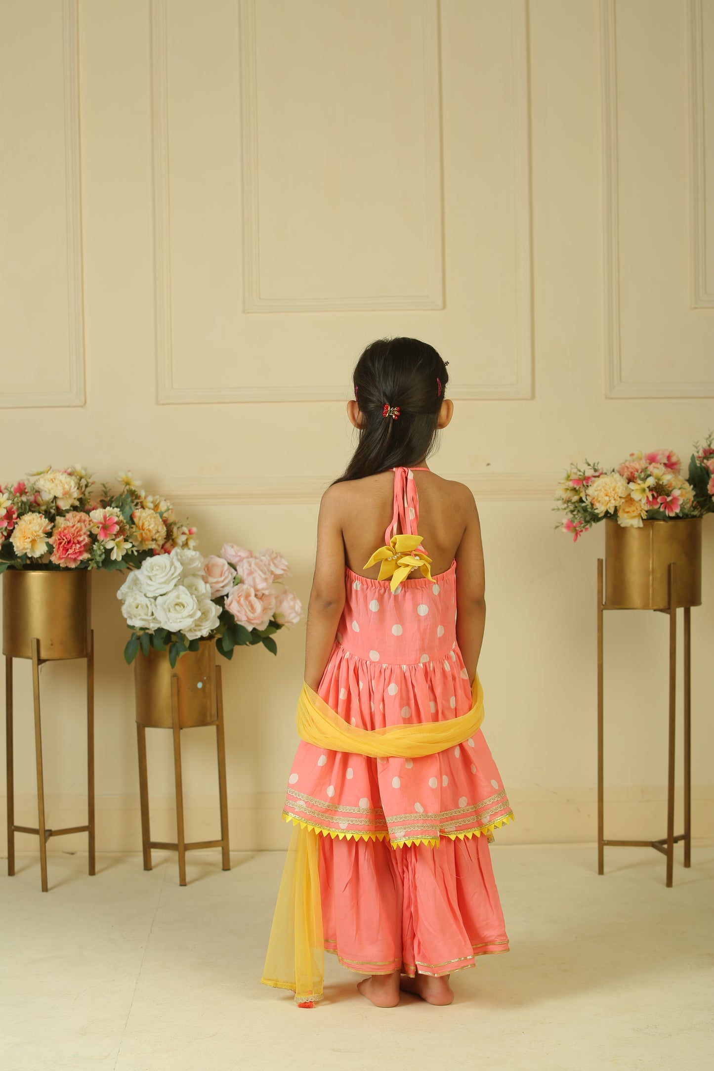 Pink polka block printed halter kurta with sharara set - set of 2