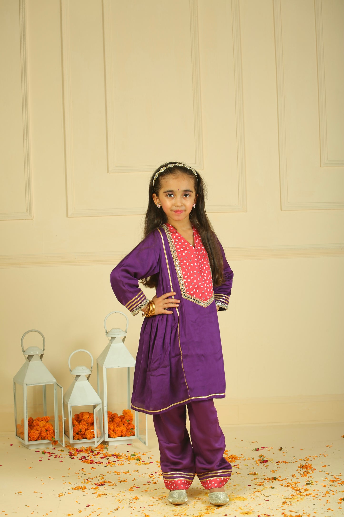 Purple modal satin lace embellished kurta set
