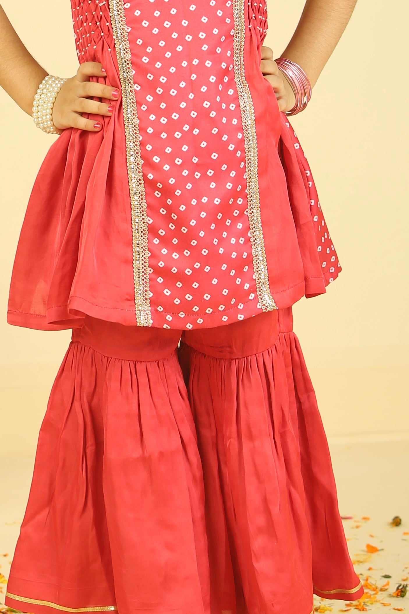 Red modal satin Bandhani Gharara set