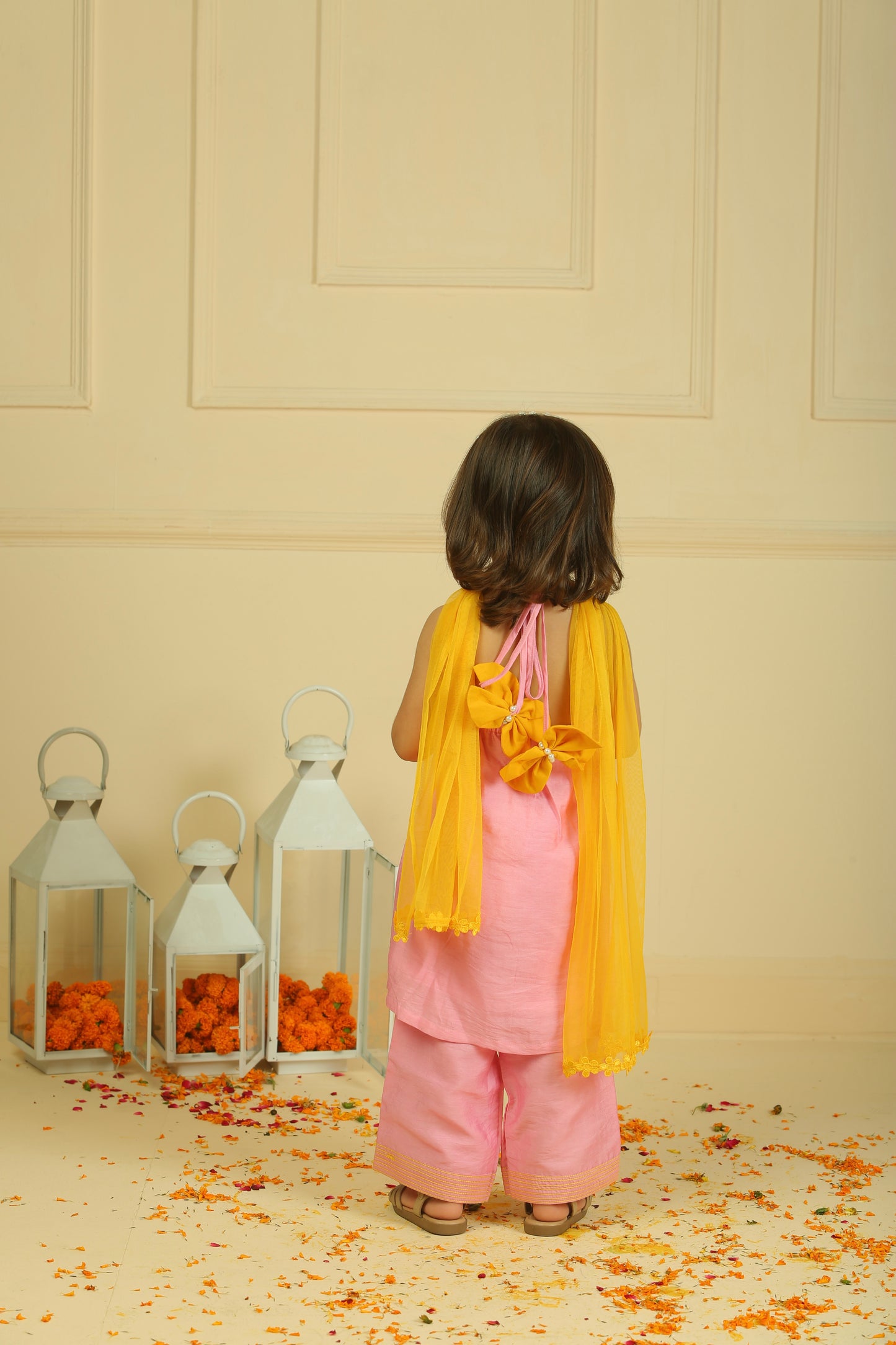 Pink halter top with straight pants