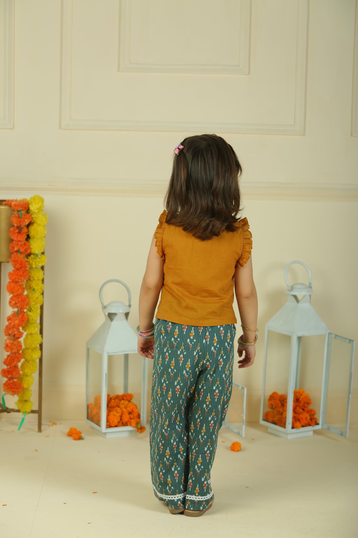 Yellow crop top and Green straight pants