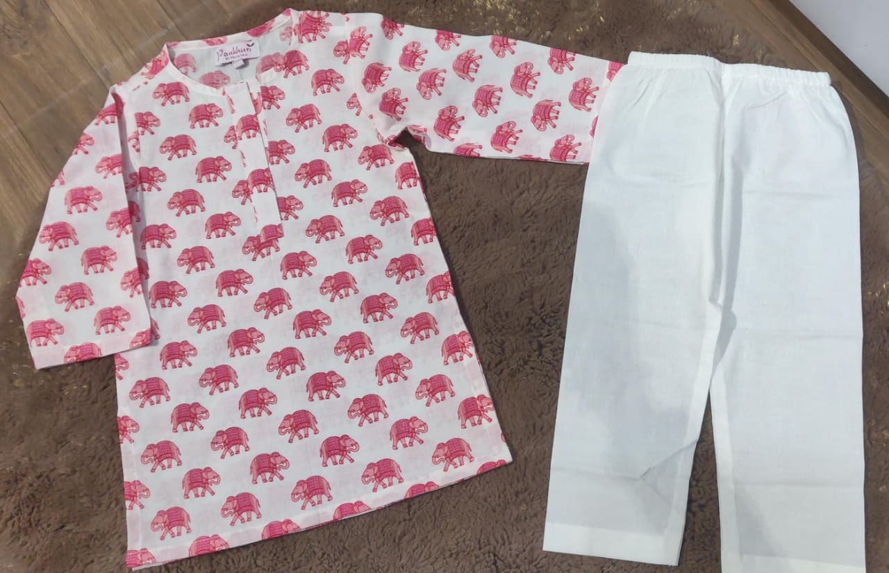 White Pink Printed Cotton Kurta with Pajama