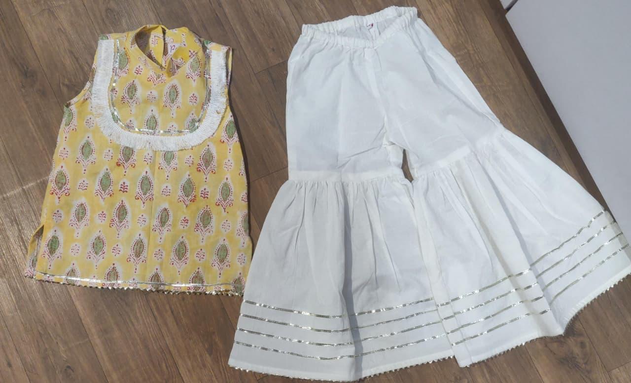 Yellow Hand Block Printed Cotton Sharara Suit