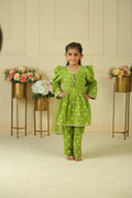 Green Lace Polka Dot Handblock Print Pleated Kurta Set