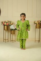 Green Lace Polka Dot Handblock Print Pleated Kurta Set
