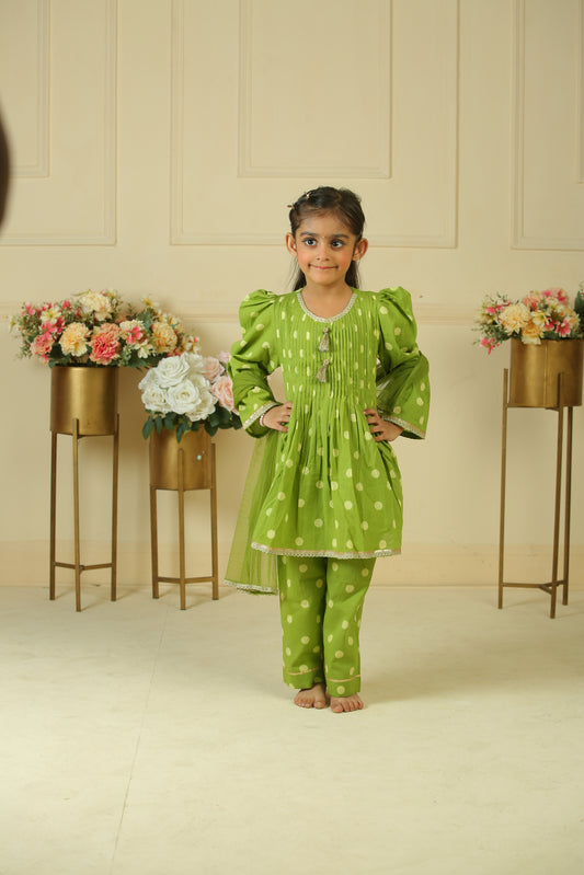 Green polka dot handblock printed pleated kurta with pants paired with dupatta - set of 3