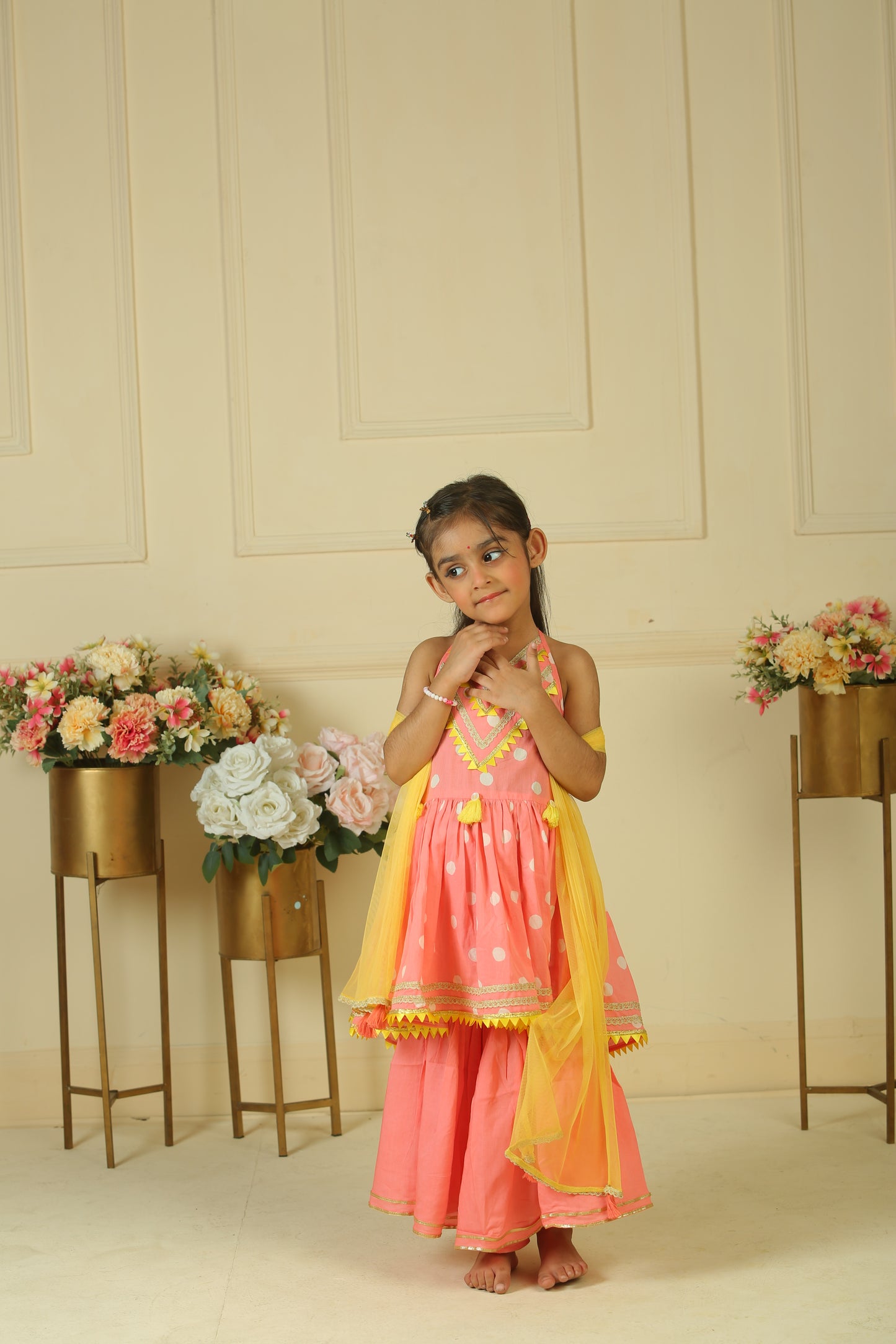 Pink polka block printed halter kurta with sharara set - set of 2