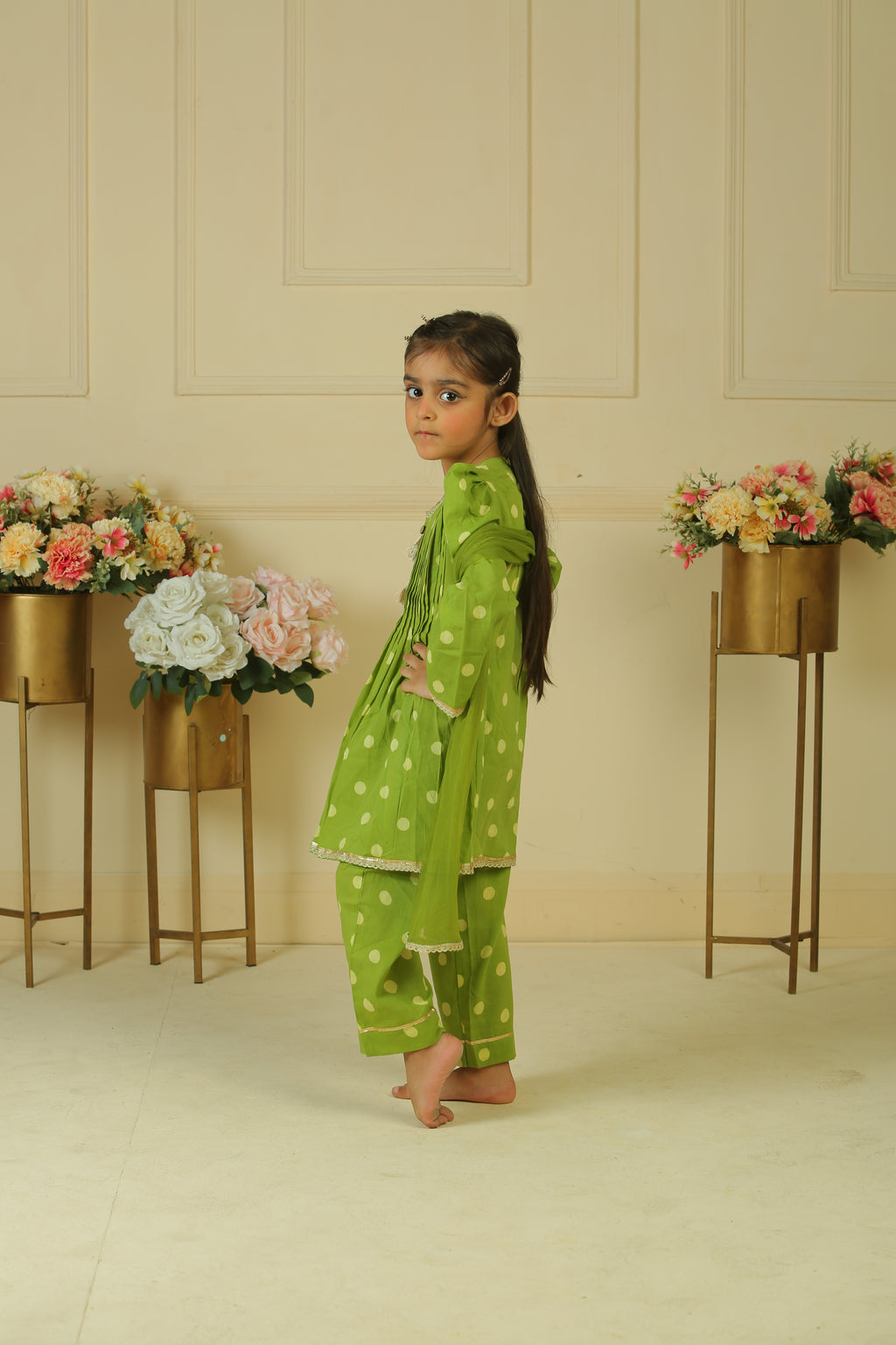 Green Lace Polka Dot Handblock Print Pleated Kurta Set