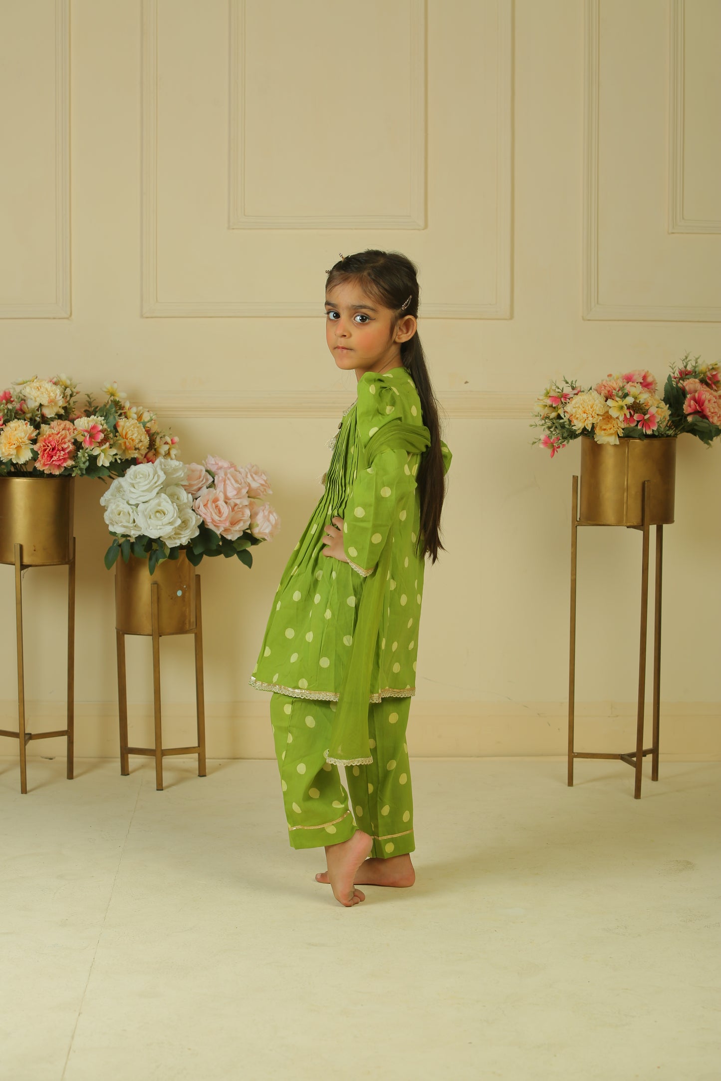 Green polka dot handblock printed pleated kurta with pants paired with dupatta - set of 3