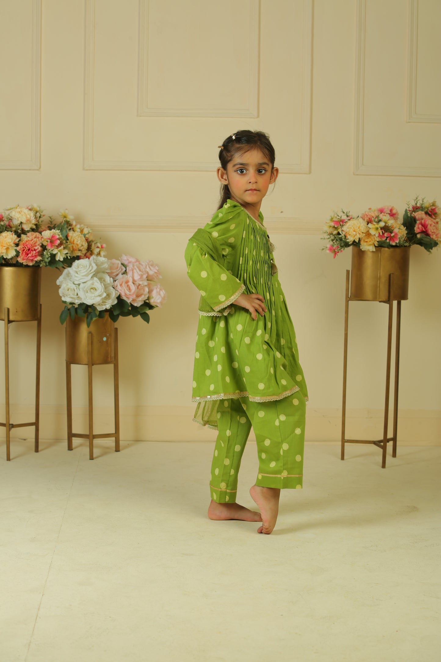 Green polka dot handblock printed pleated kurta with pants paired with dupatta - set of 3