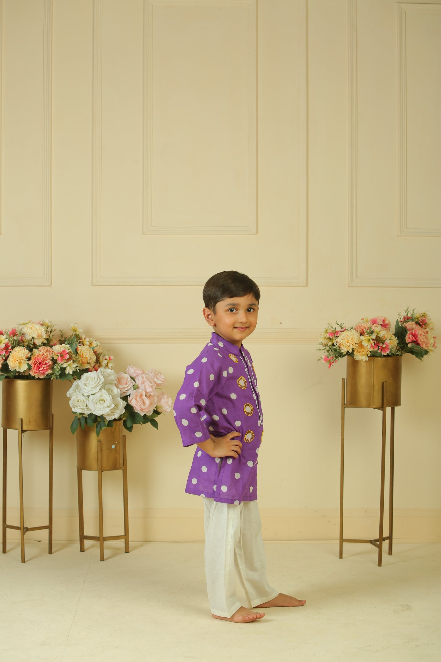 Purple polka dot hand block printed kurta and pants