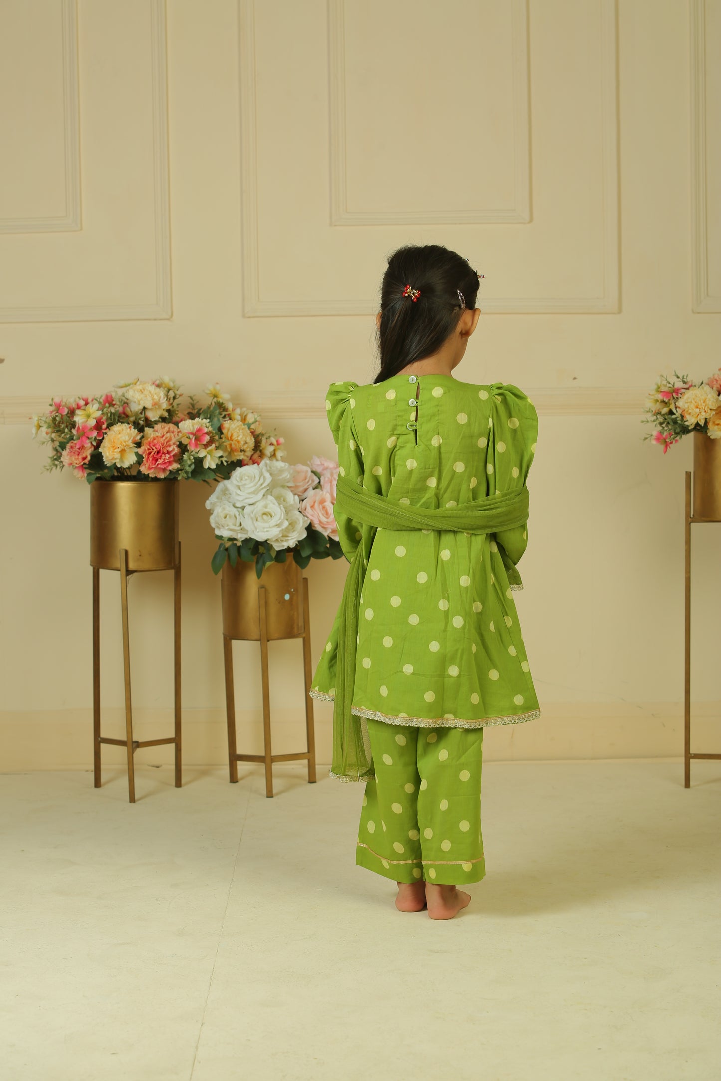 Green polka dot handblock printed pleated kurta with pants paired with dupatta - set of 3