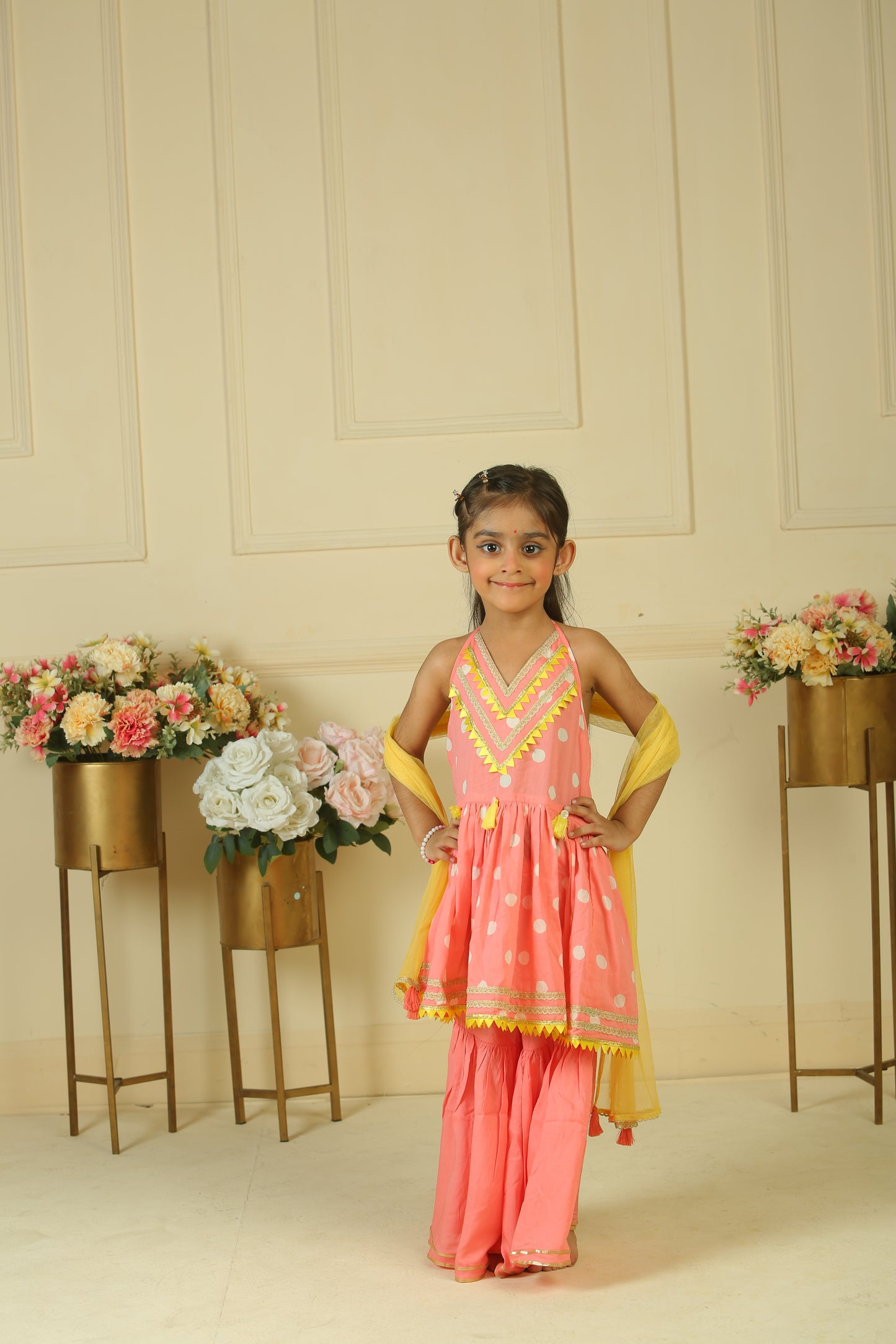 Pink polka block printed halter kurta with sharara set - set of 2