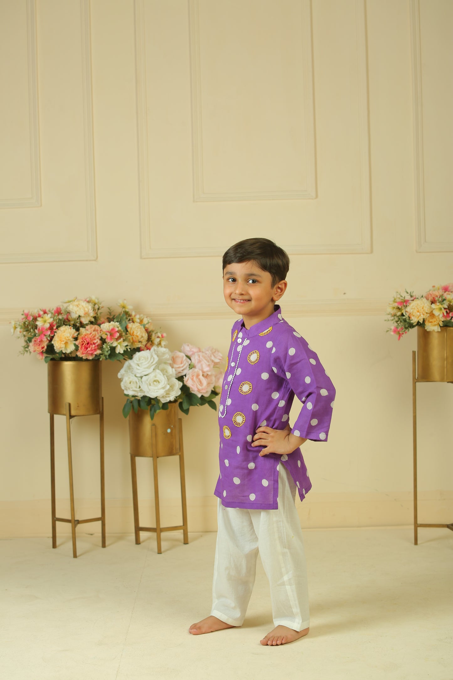Purple polka dot hand block printed kurta and pants