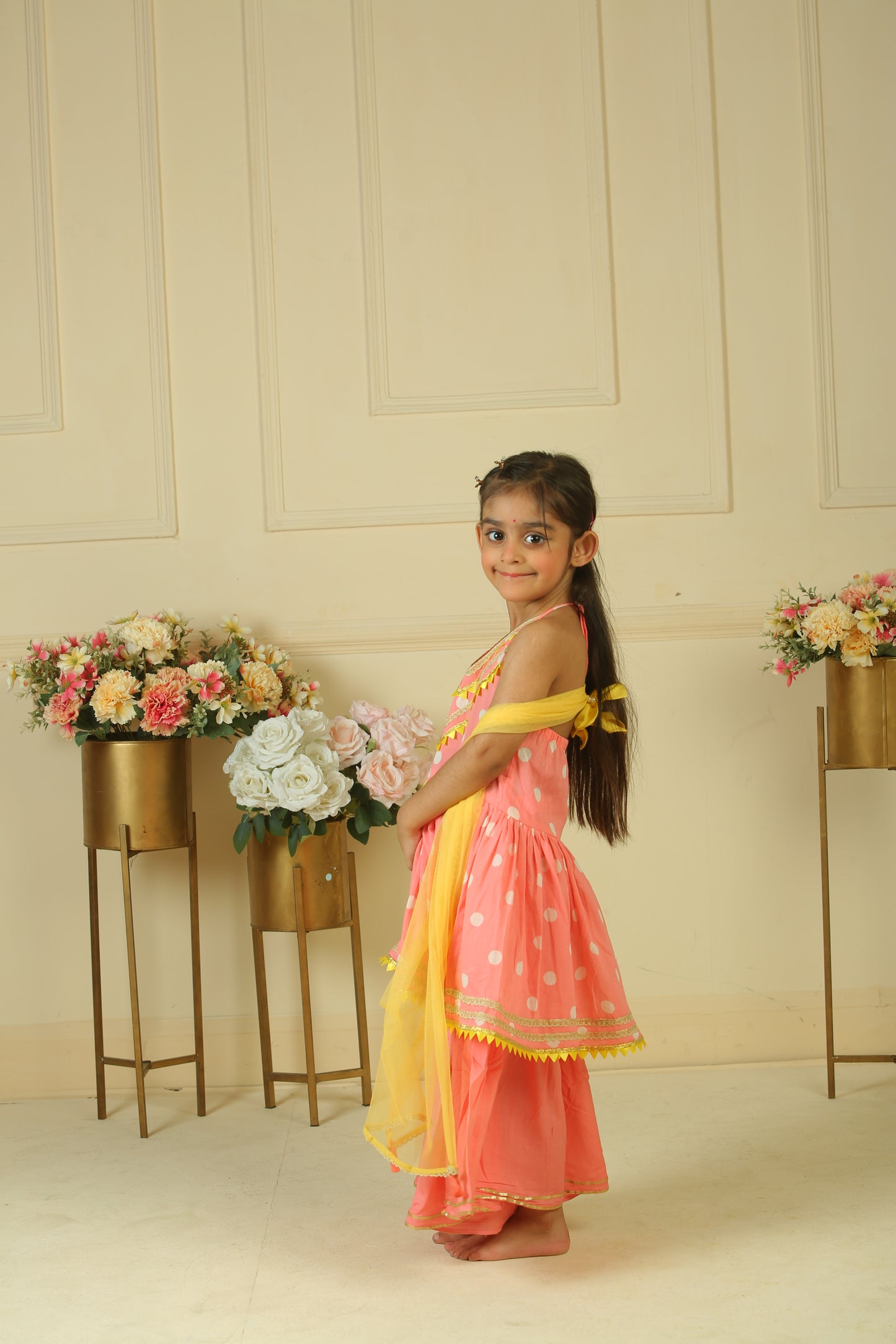 Pink polka block printed halter kurta with sharara set - set of 2