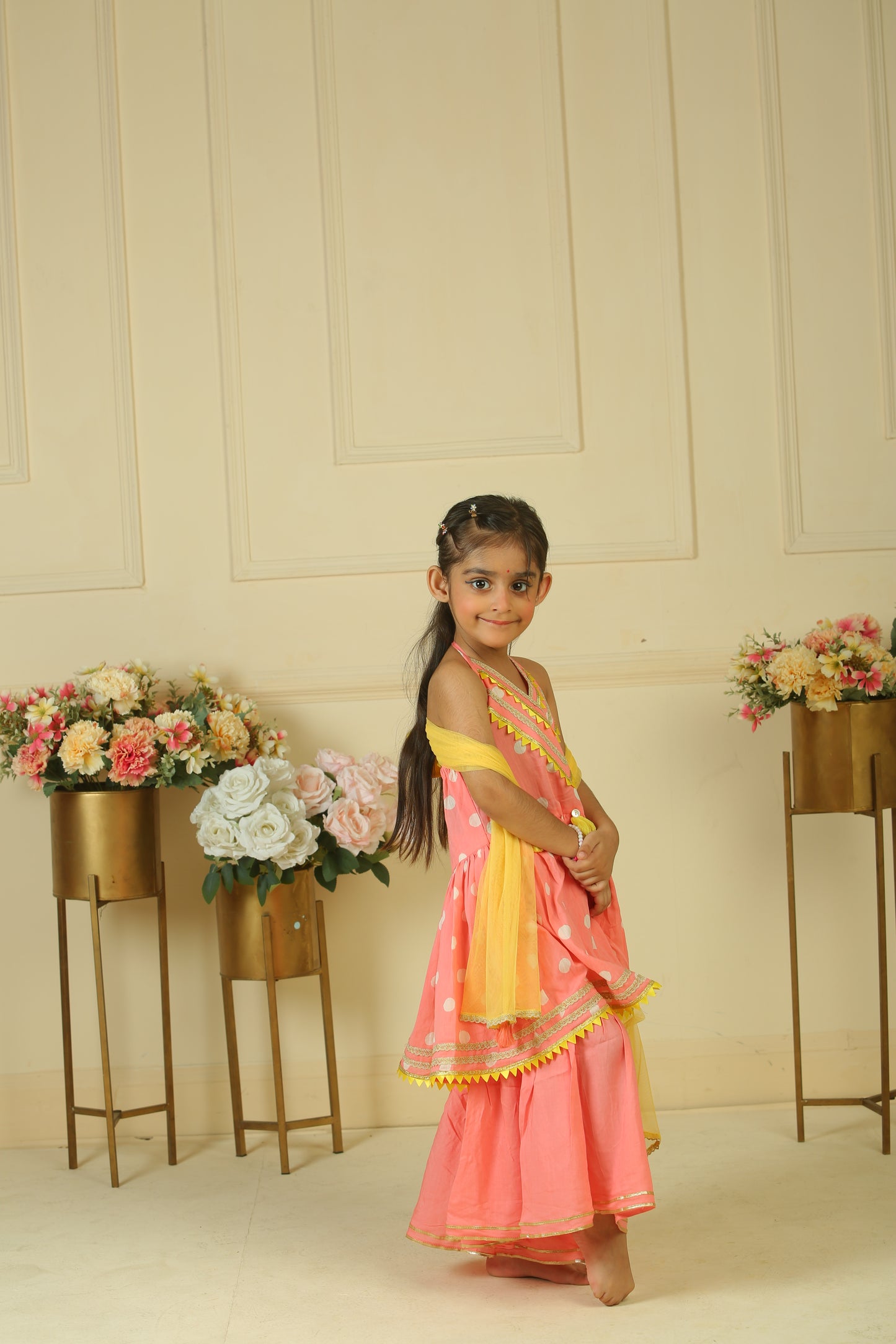 Pink polka block printed halter kurta with sharara set - set of 2