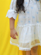 Off White Polka Dot Printed Organza Chanderi Dress