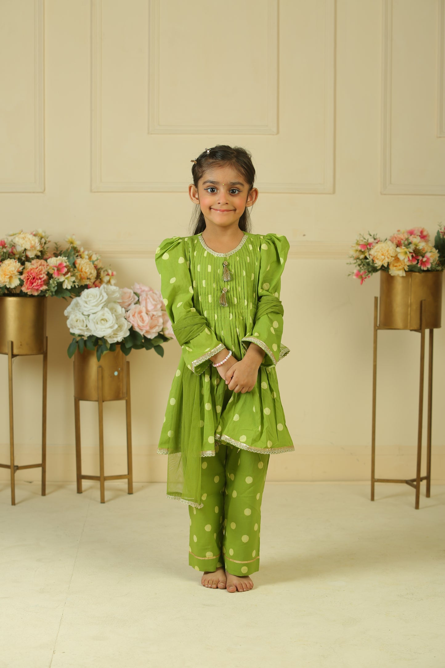 Green polka dot handblock printed pleated kurta with pants paired with dupatta - set of 3