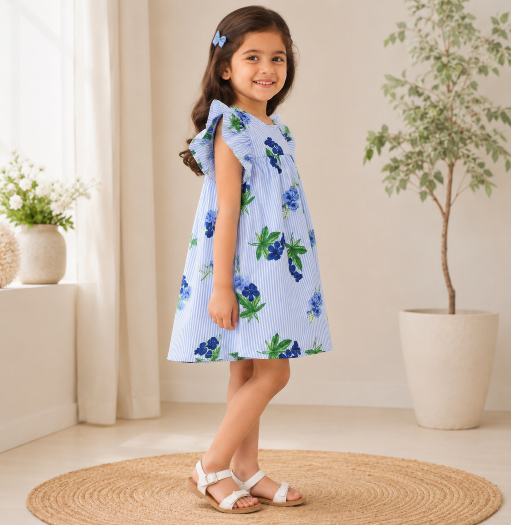 Blue strips and floral printed dress