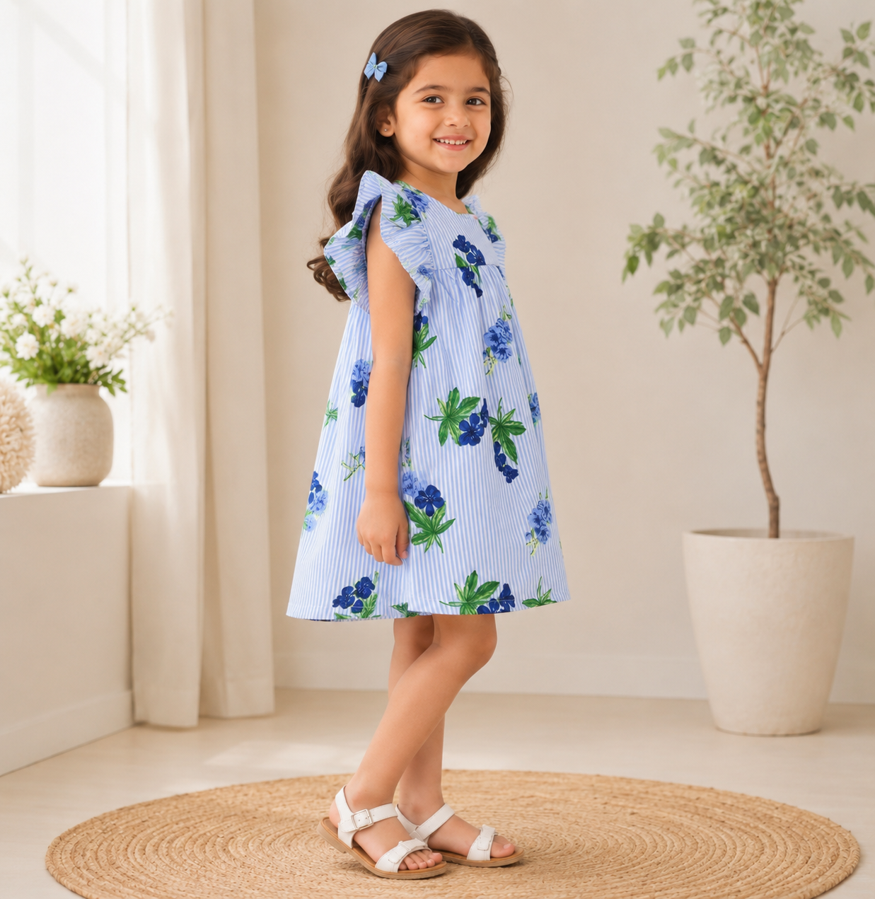 Blue strips and floral printed dress
