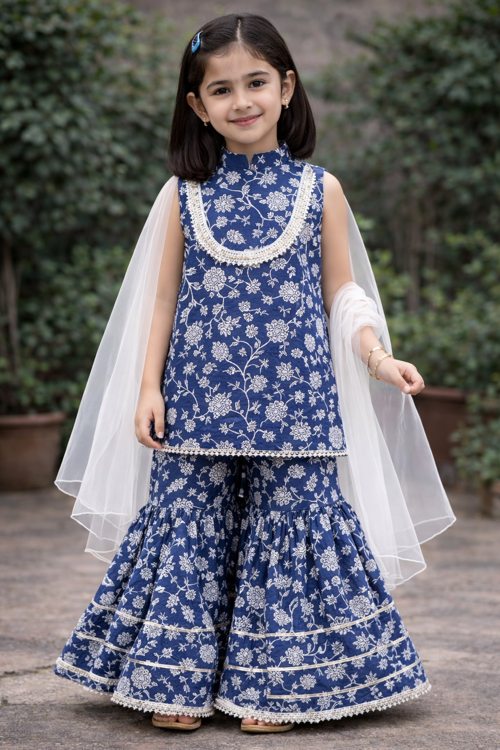 Navy Blue Hand Block Printed Cotton Sharara Suit
