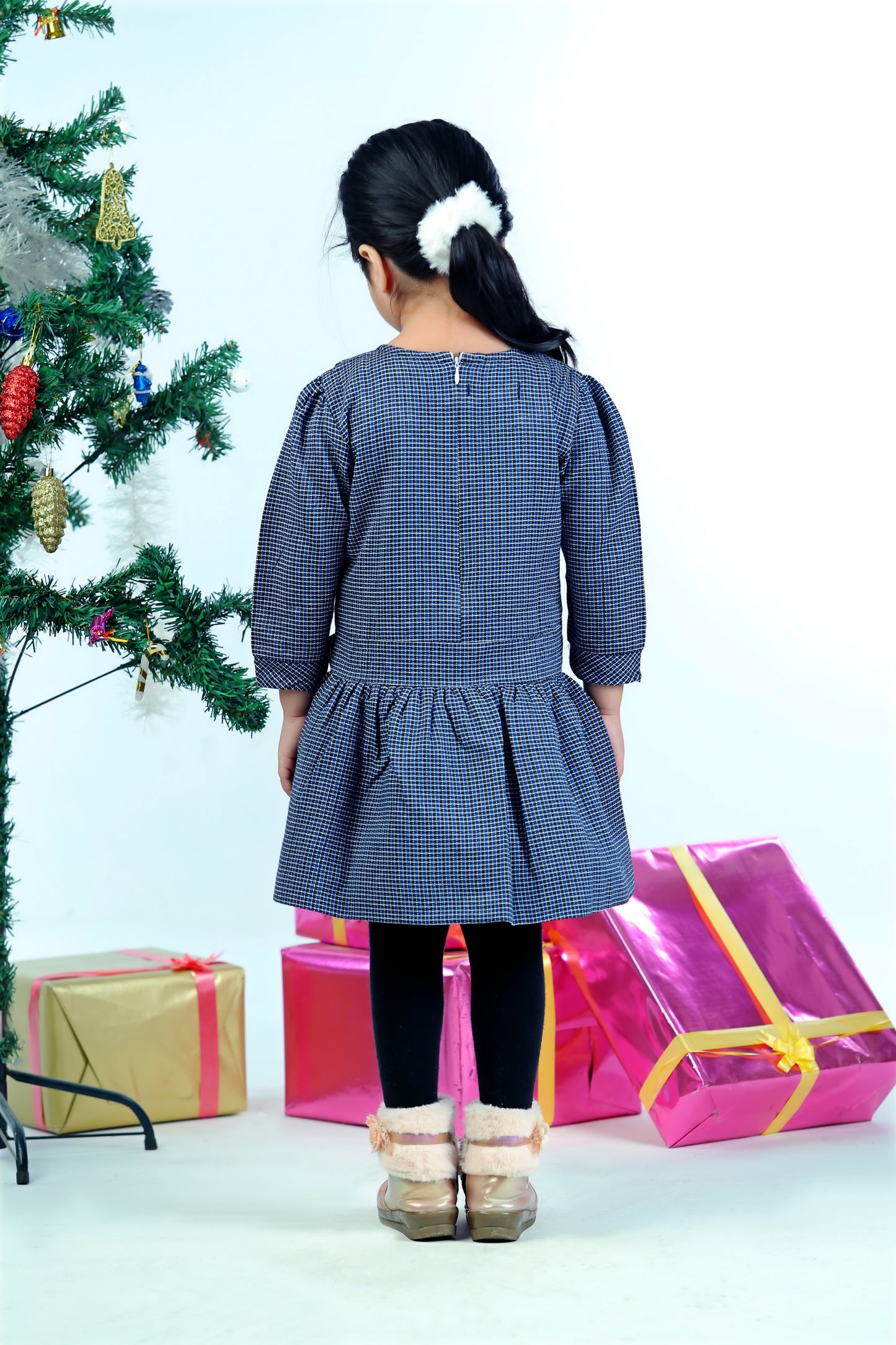 Blue Corduroy & Wool Checkered Ruffled Dress