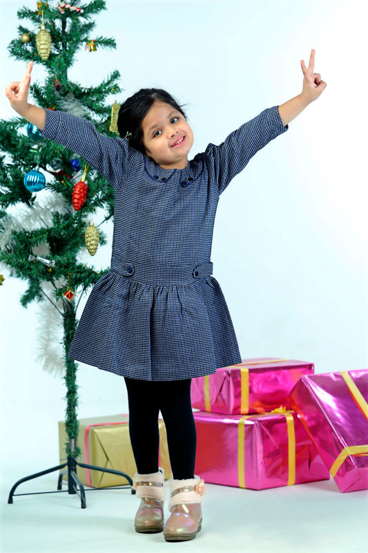 Blue Corduroy & Wool Checkered Ruffled Dress