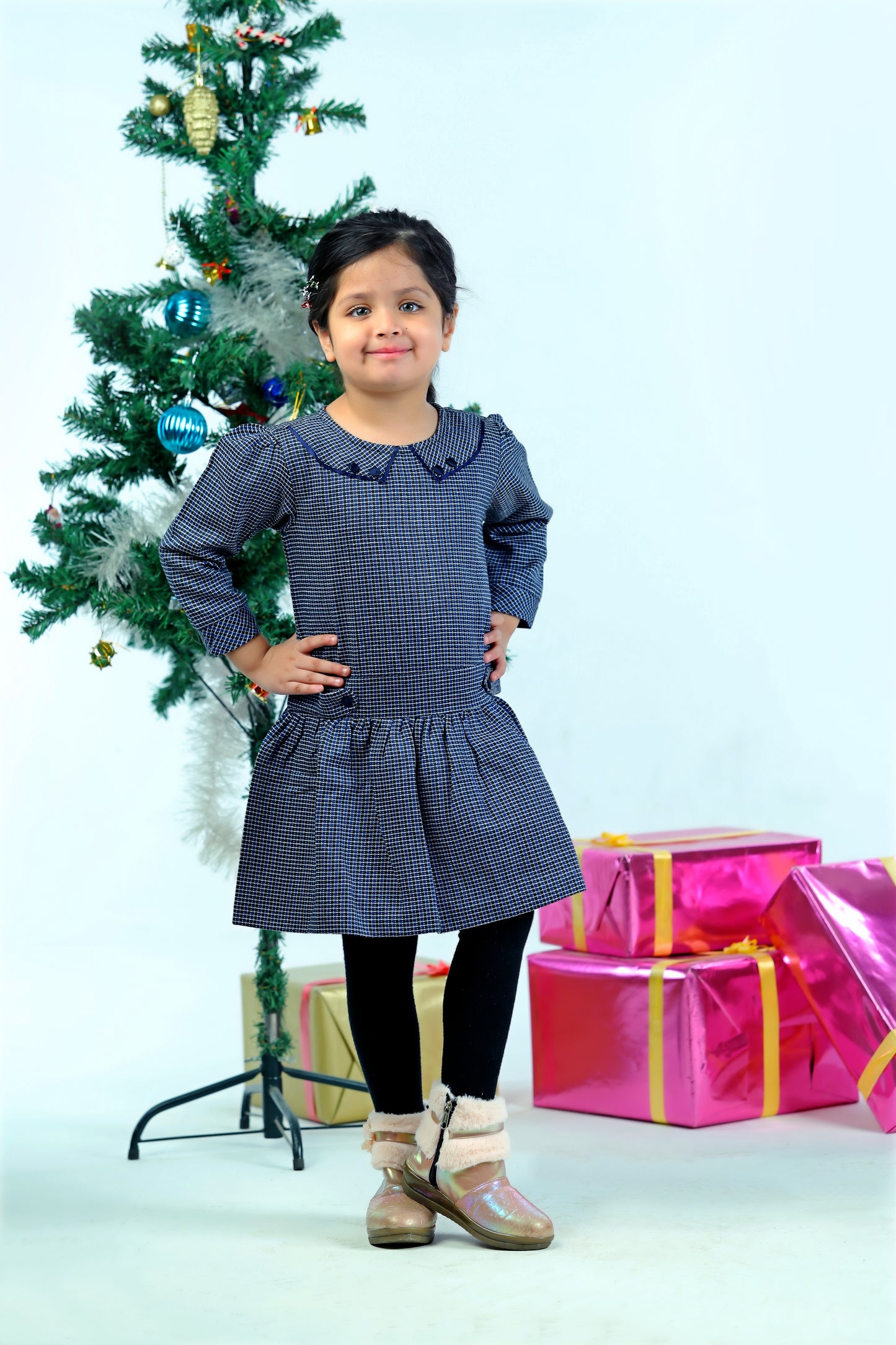 Blue Corduroy & Wool Checkered Ruffled Dress