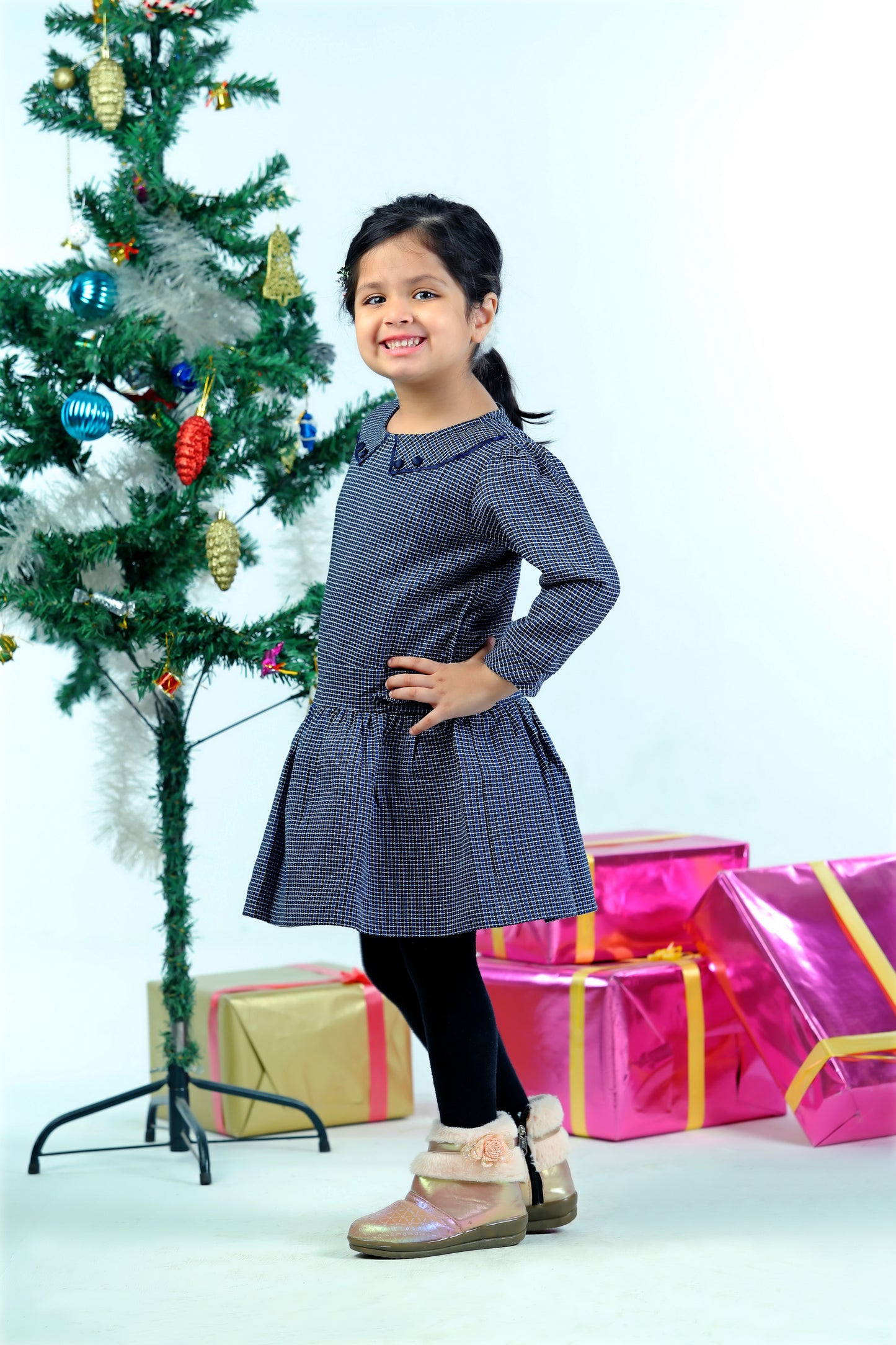 Blue Corduroy & Wool Checkered Ruffled Dress