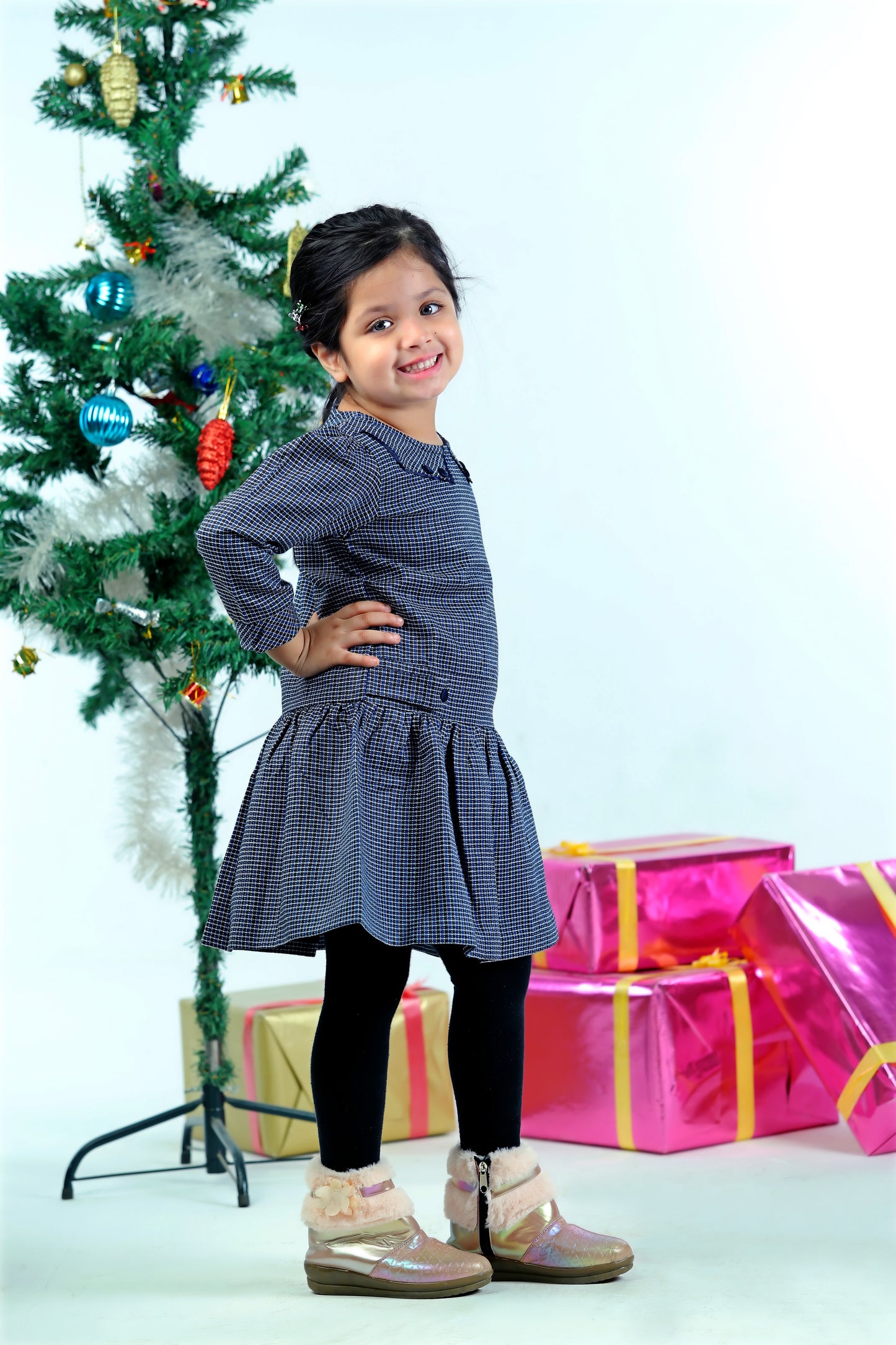 Blue Corduroy & Wool Checkered Ruffled Dress