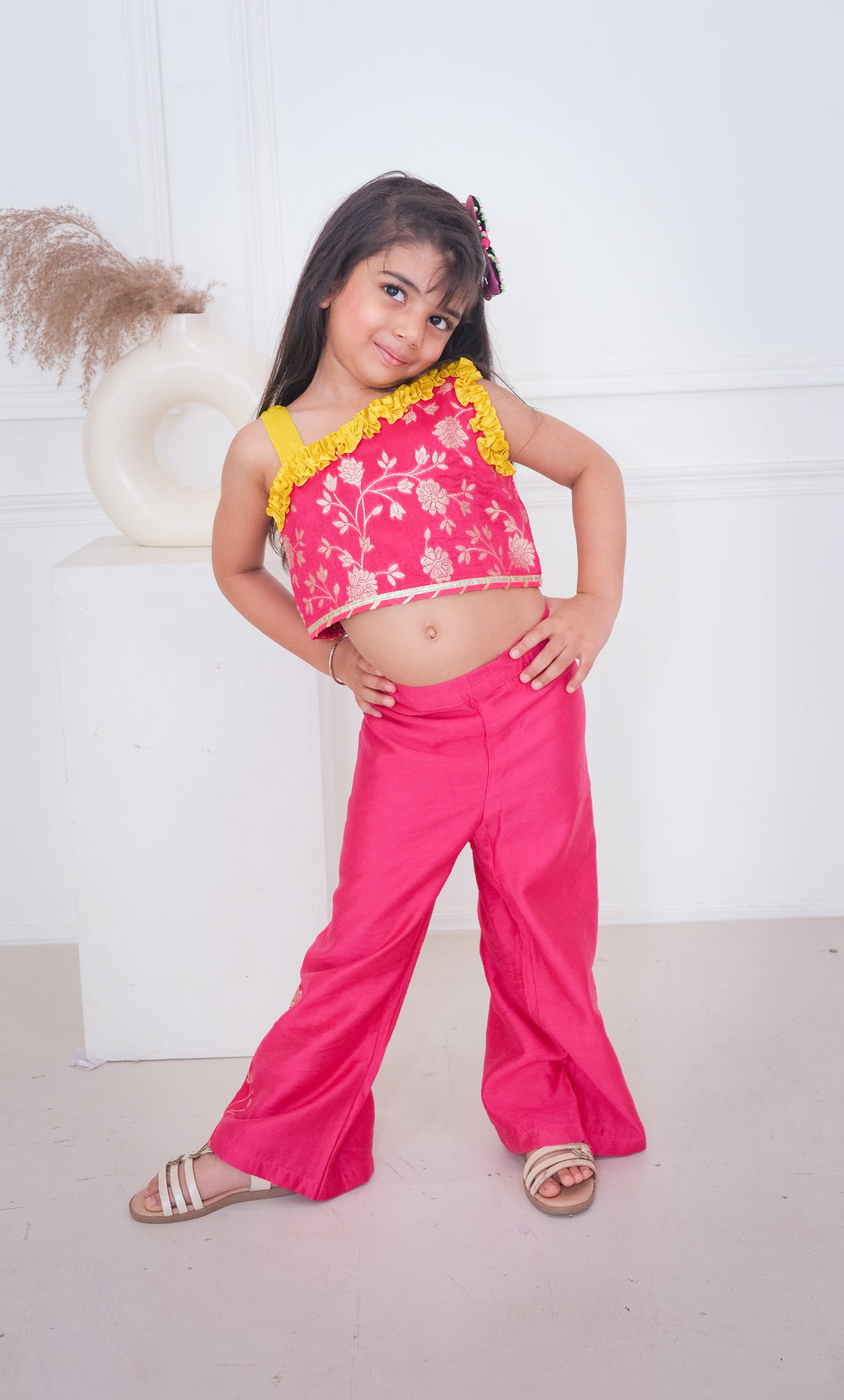 Pink Zari Chanderi Crop Top with Palazzo