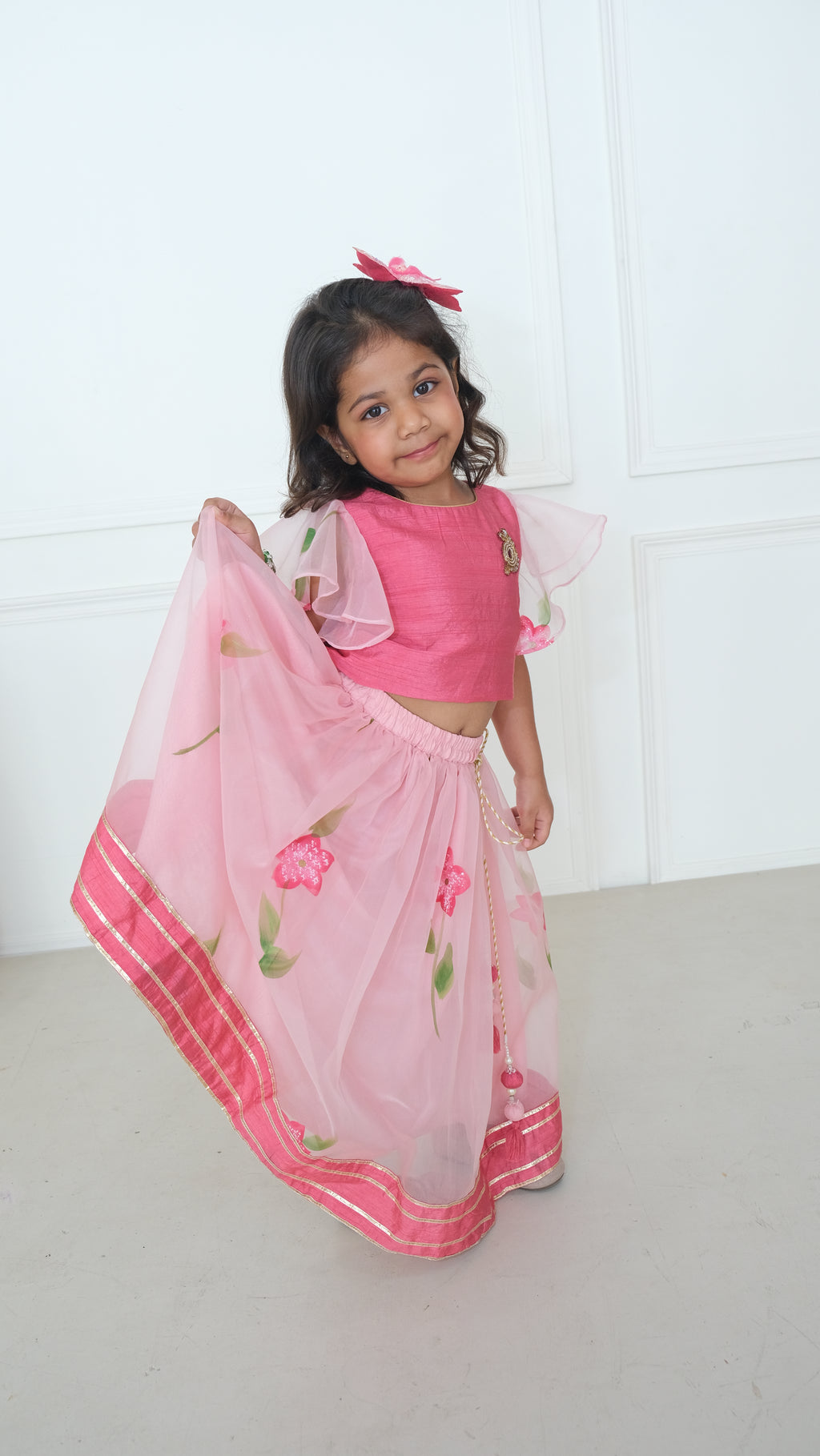 Pink Hand Painted Silk Blouse with Lehenga