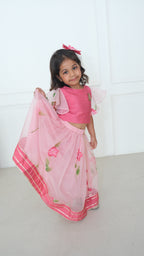 Pink Hand Painted Silk Blouse with Lehenga