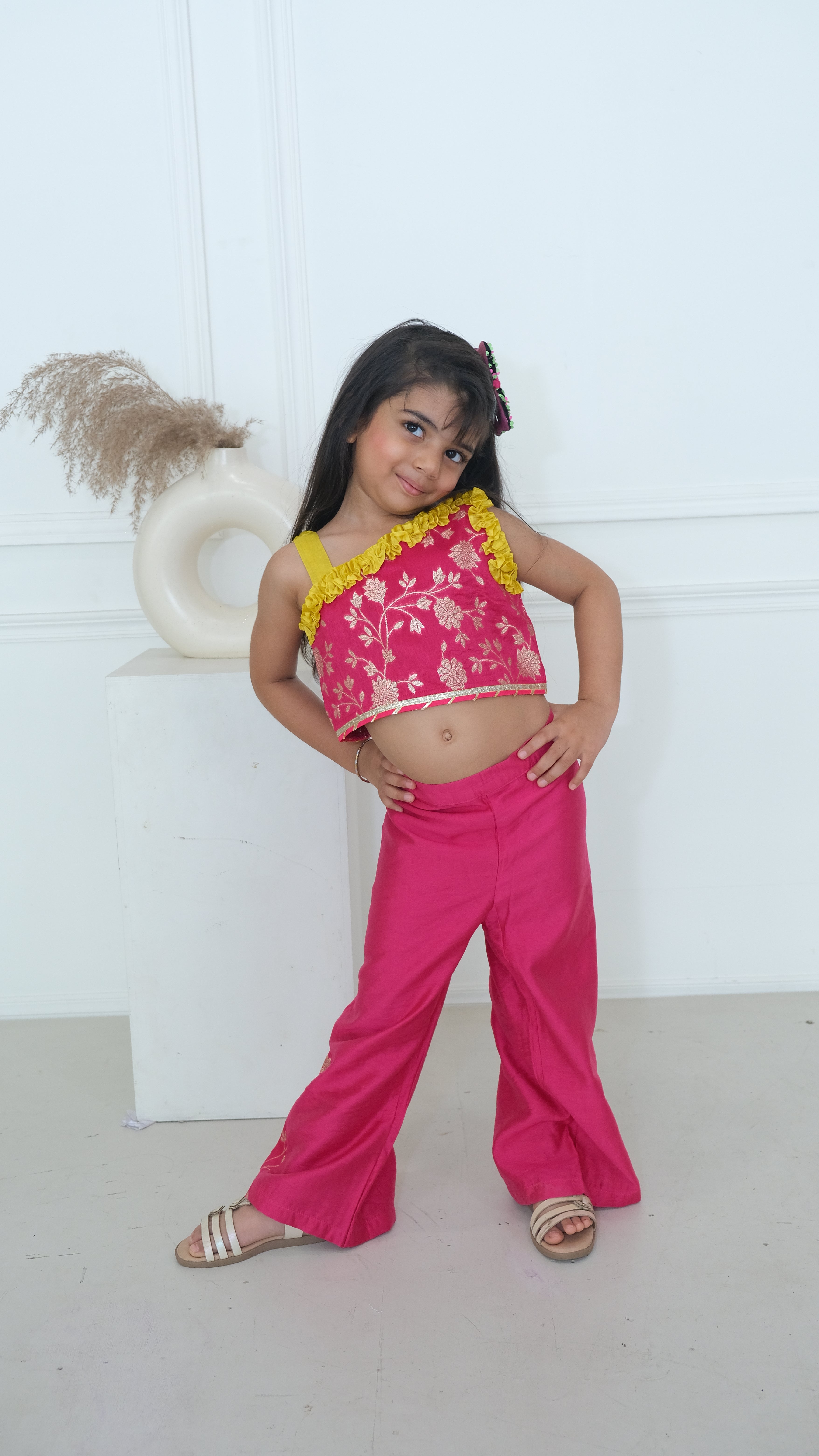 Pink Zari Chanderi Crop Top with Palazzo