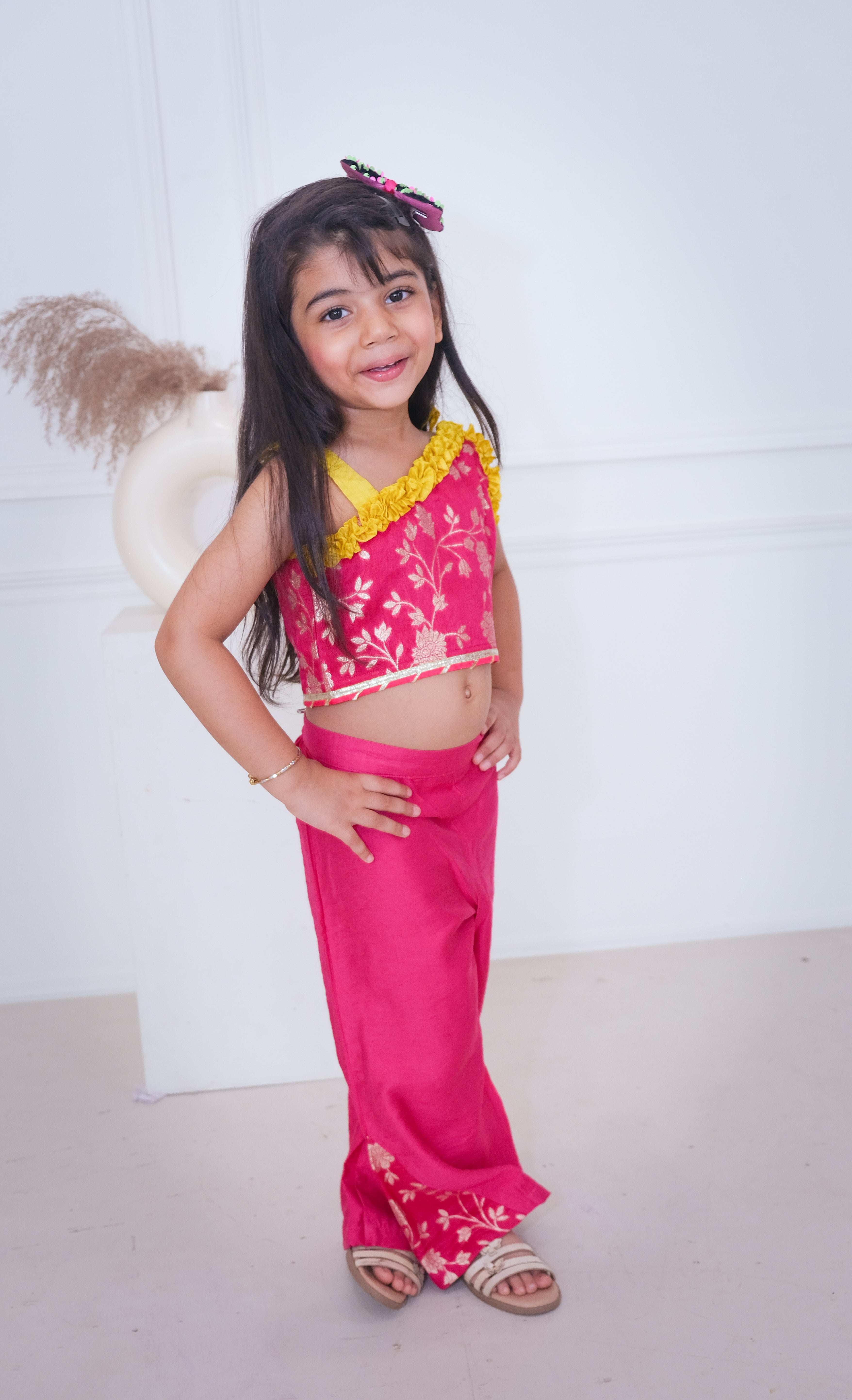 Pink Zari Chanderi Crop Top with Palazzo