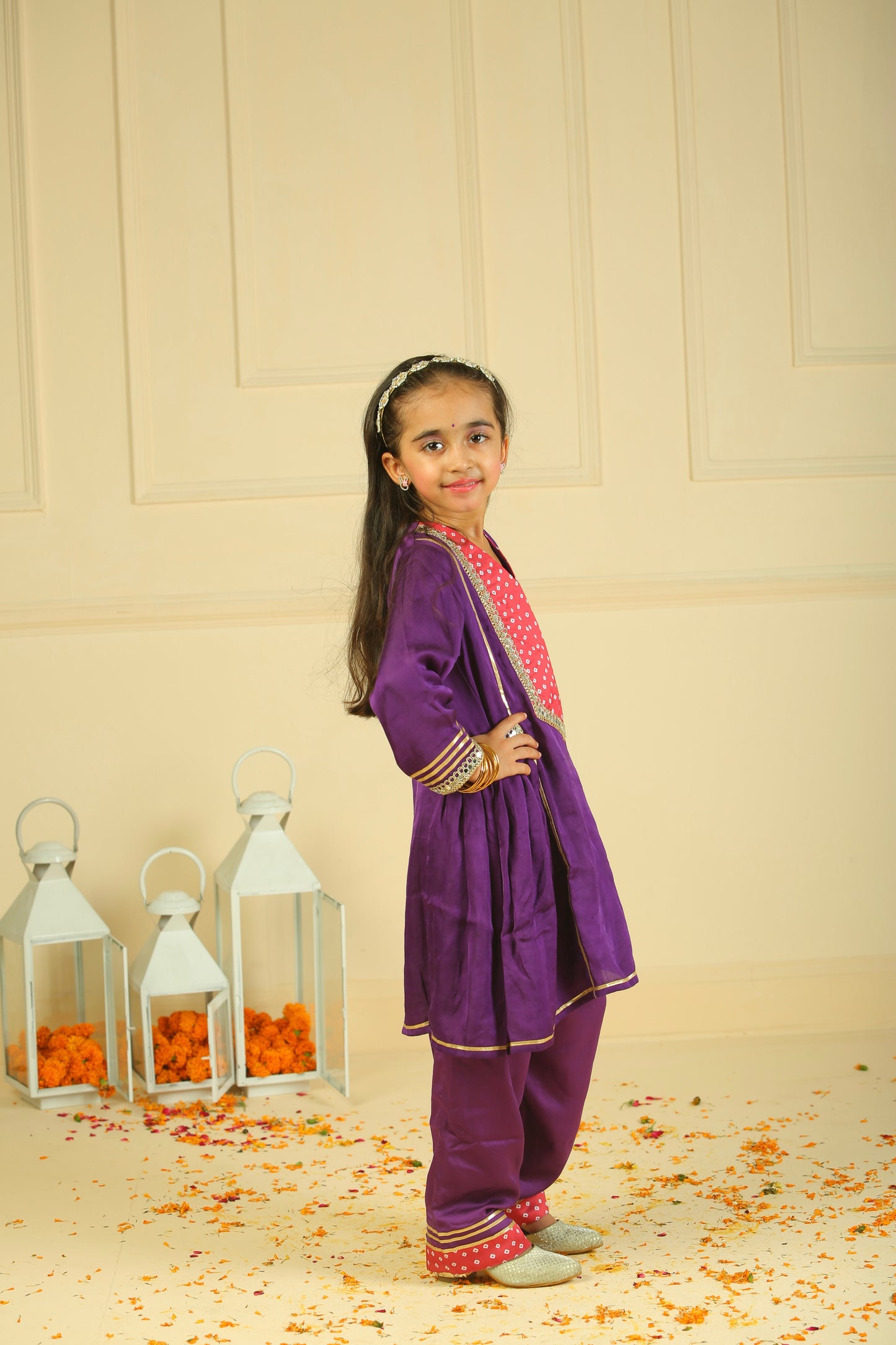 Purple modal satin lace embellished kurta set