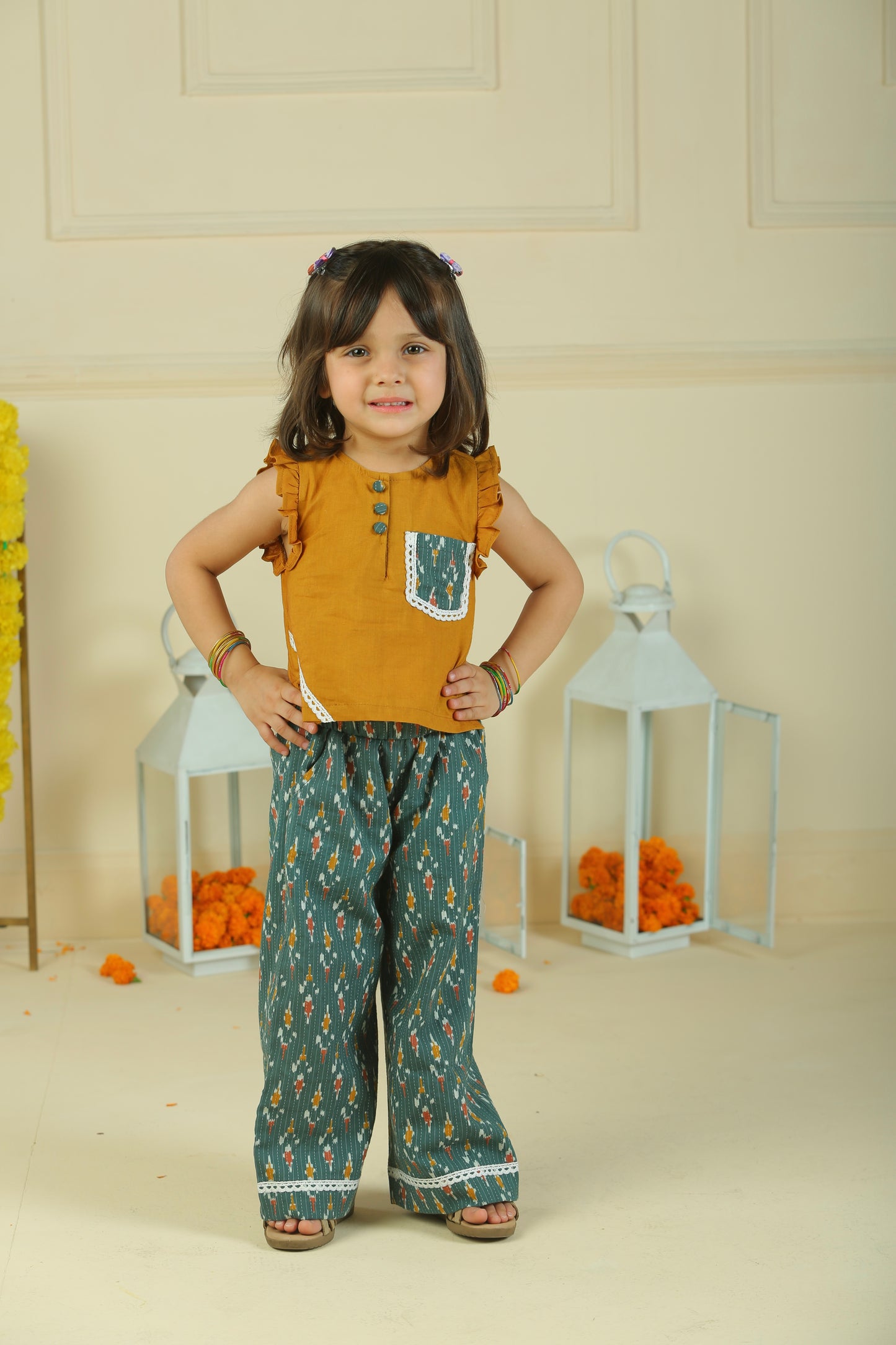 Yellow crop top and Green straight pants