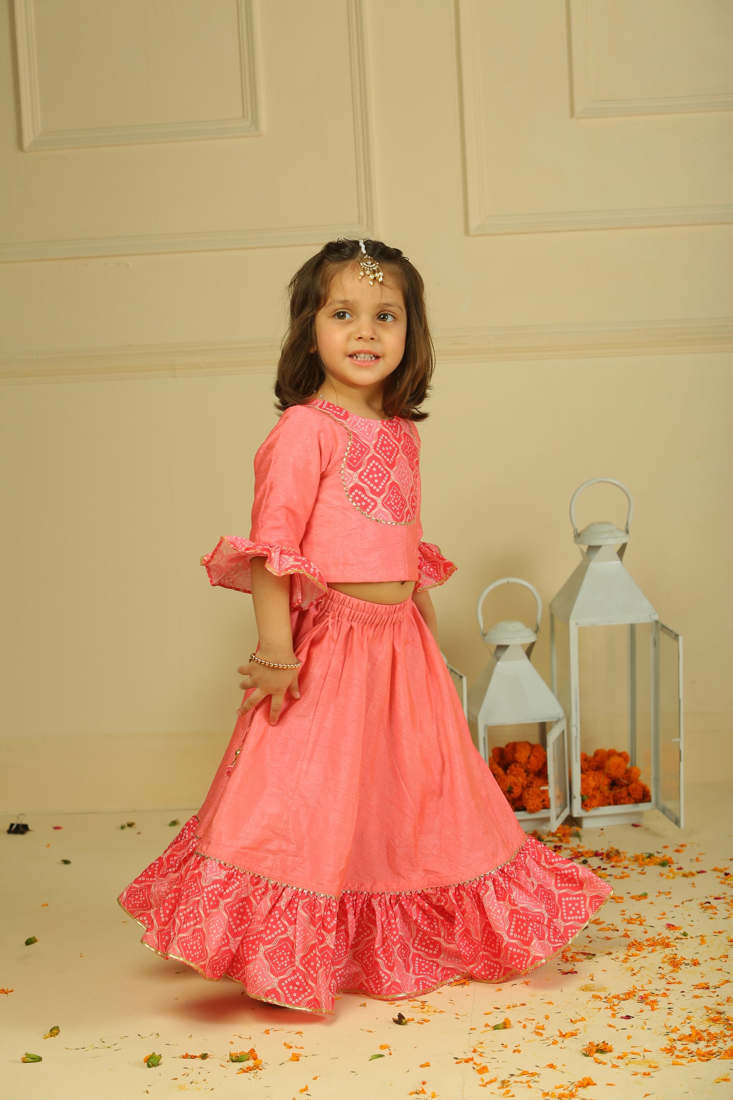 Pink 3/4th sleeves Choli paired with full flared lehenga