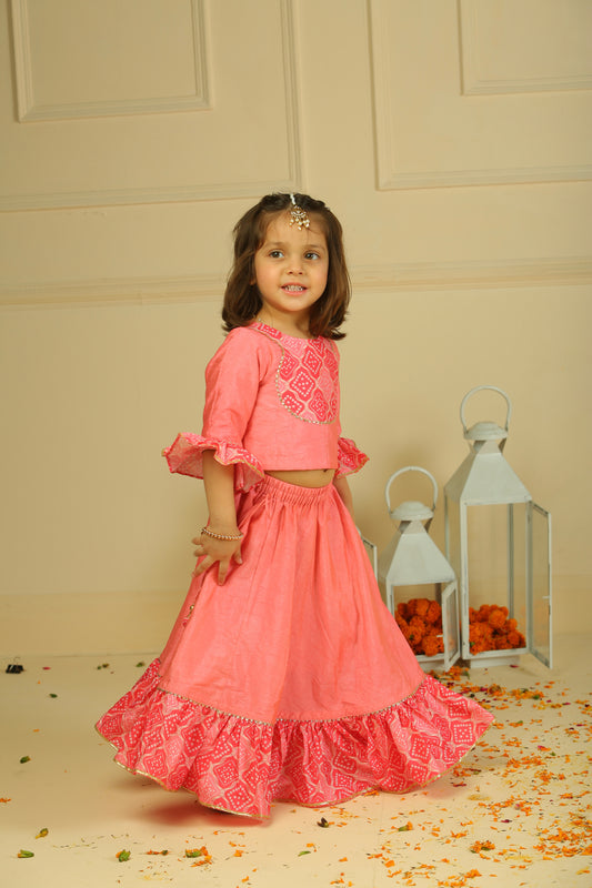 Pink 3/4th sleeves Choli paired with full flared lehenga