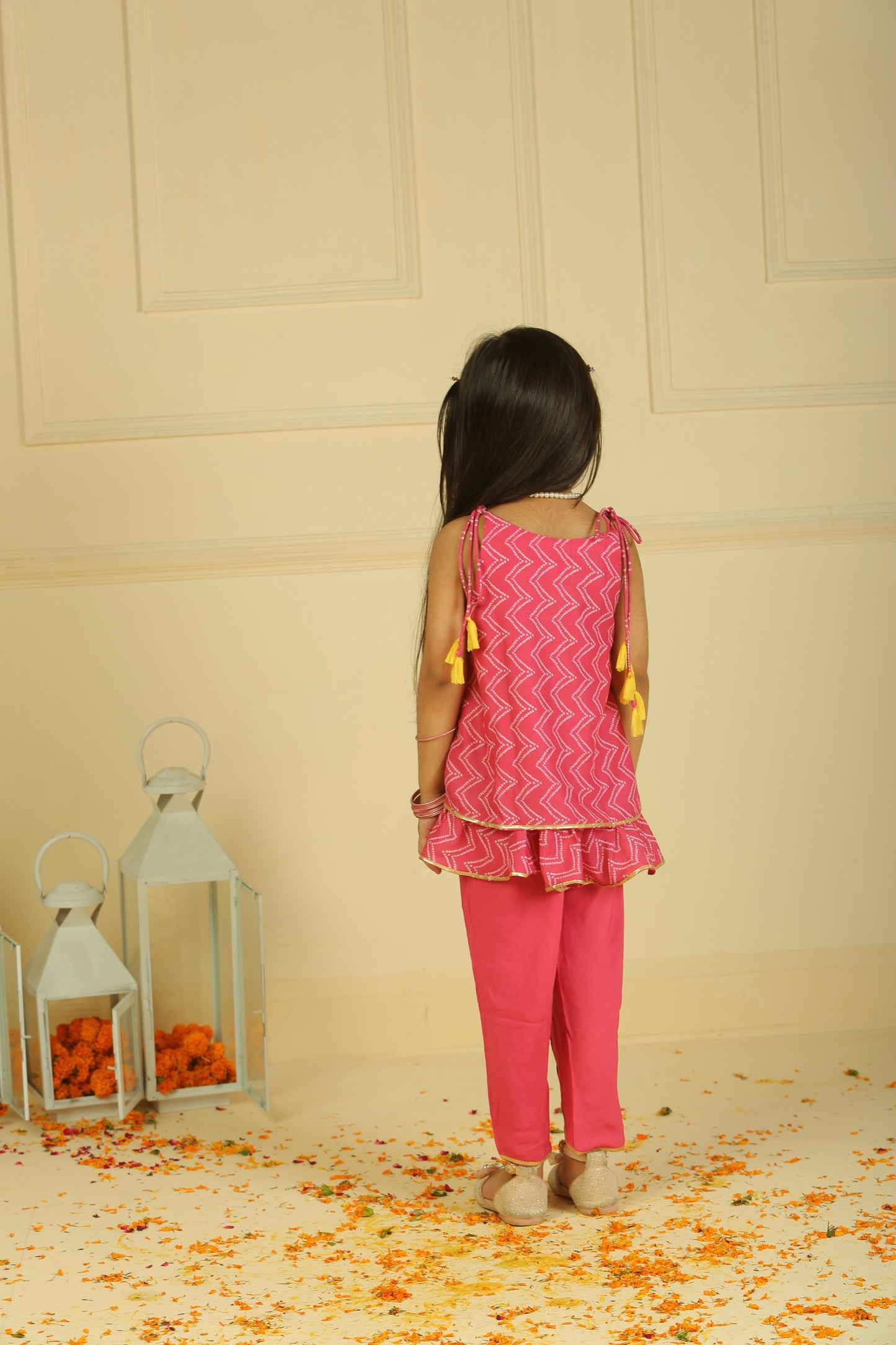 Mehroon  drawstring Aline ruffle Top paired with Dhoti