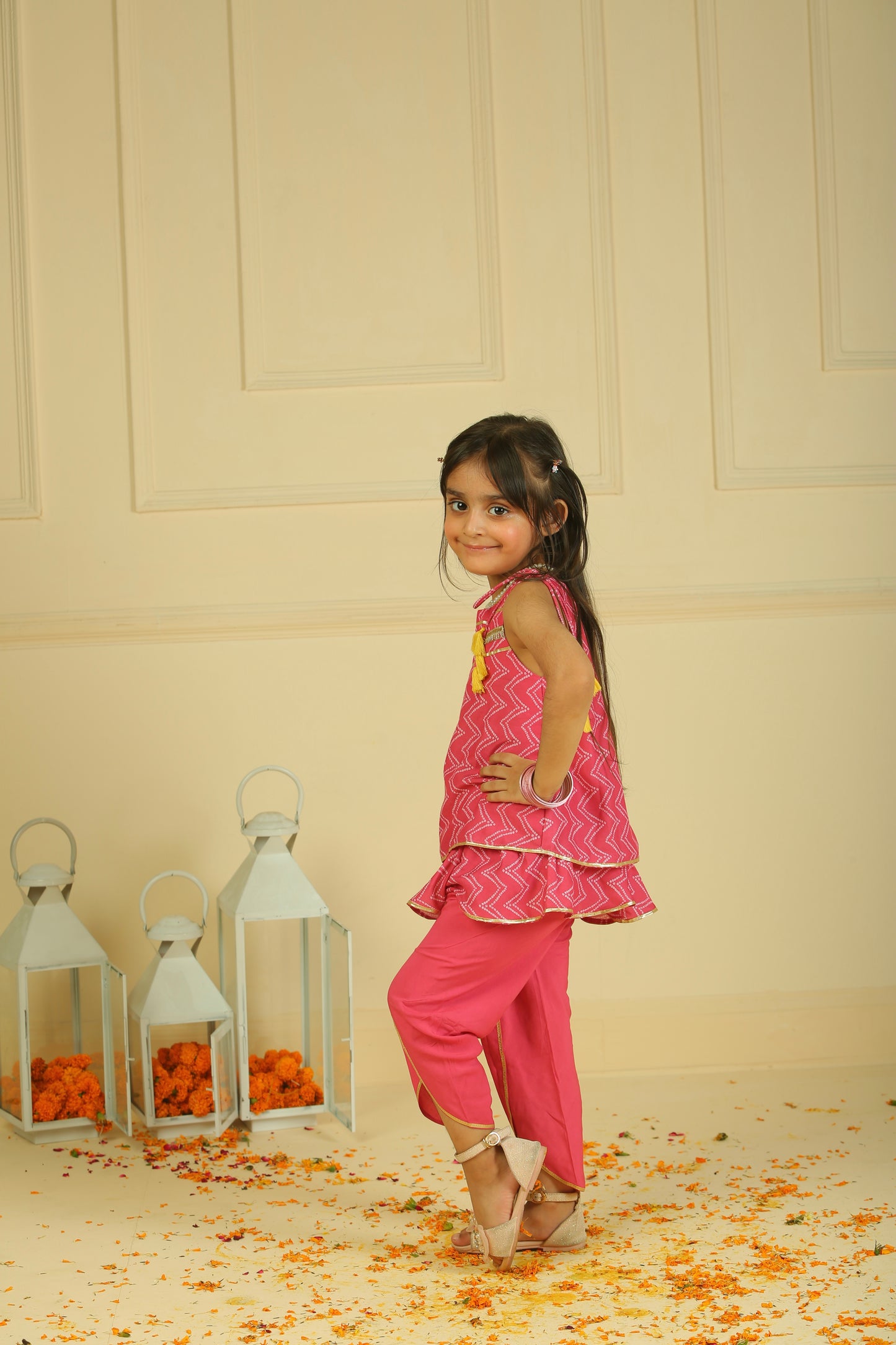 Mehroon  drawstring Aline ruffle Top paired with Dhoti