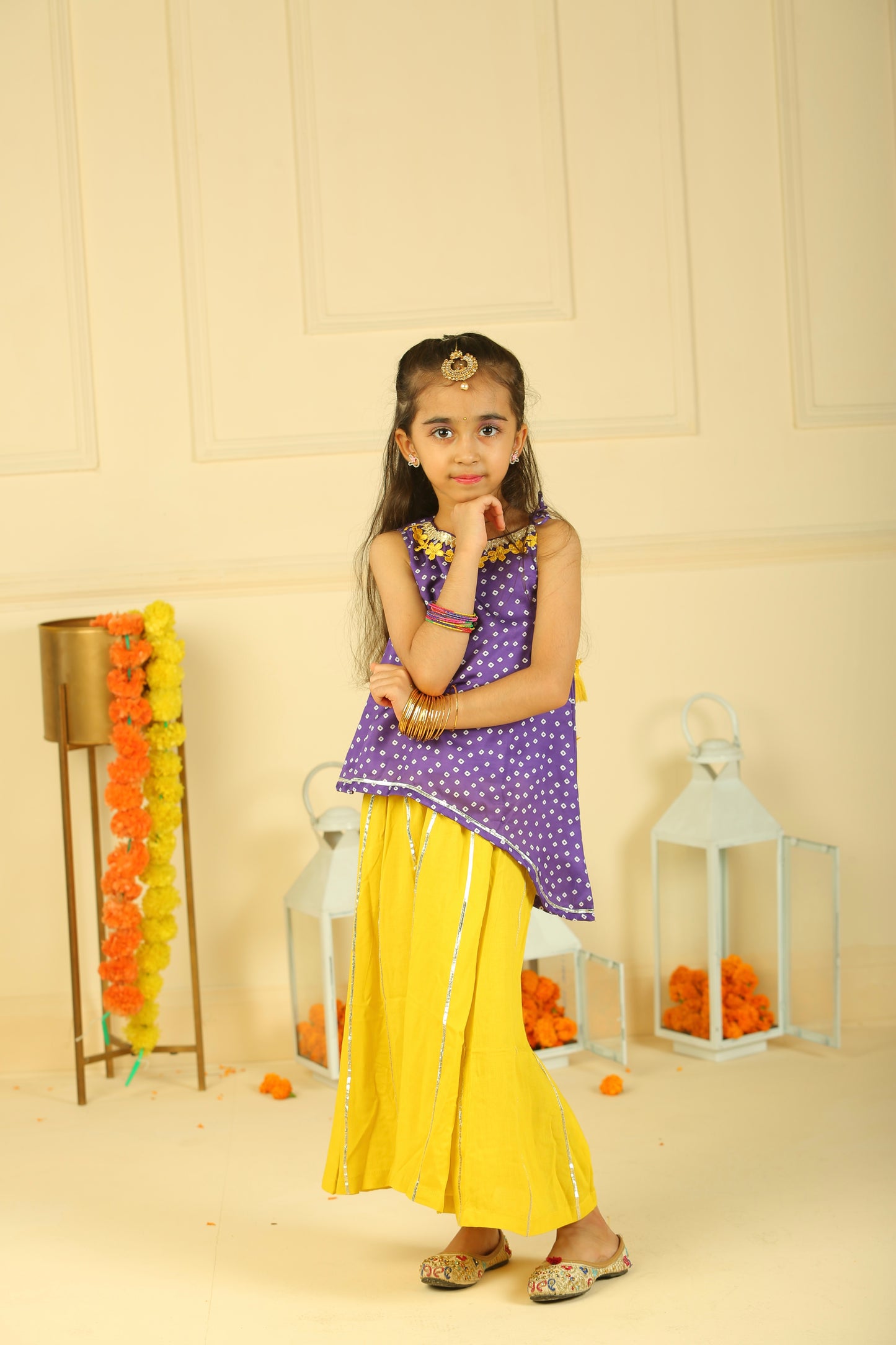 Mauve n Yellow Bandhani asymmetric Top with flared palazzo pants