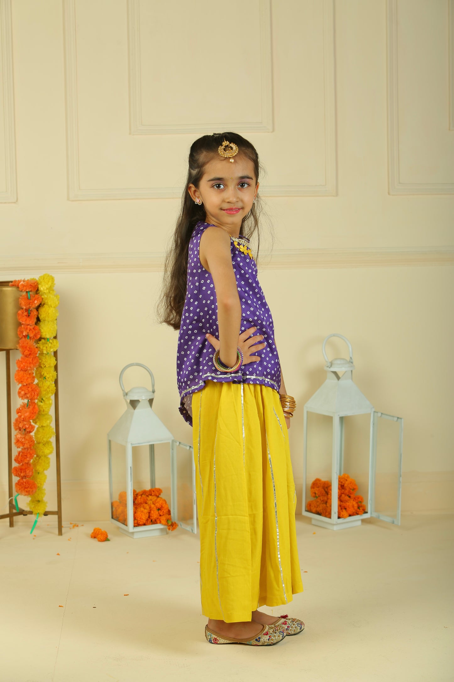 Mauve n Yellow Bandhani asymmetric Top with flared palazzo pants