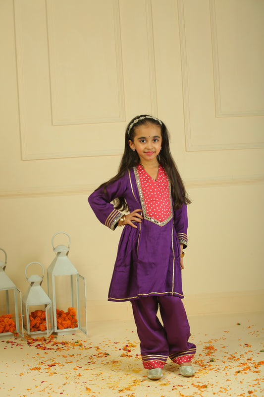 Purple modal satin lace embellished kurta set