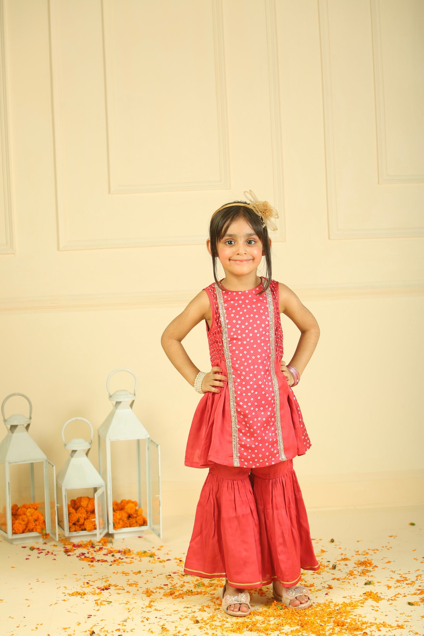 Red modal satin Bandhani Gharara set