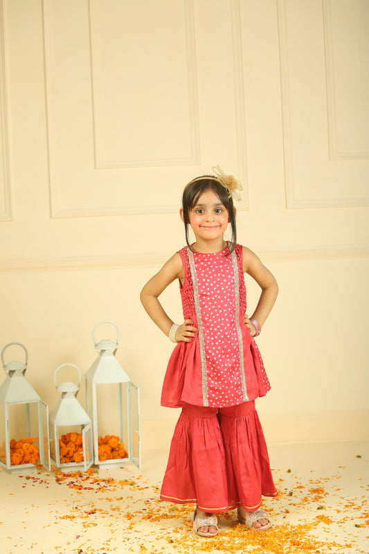 Red modal satin Bandhani Gharara set