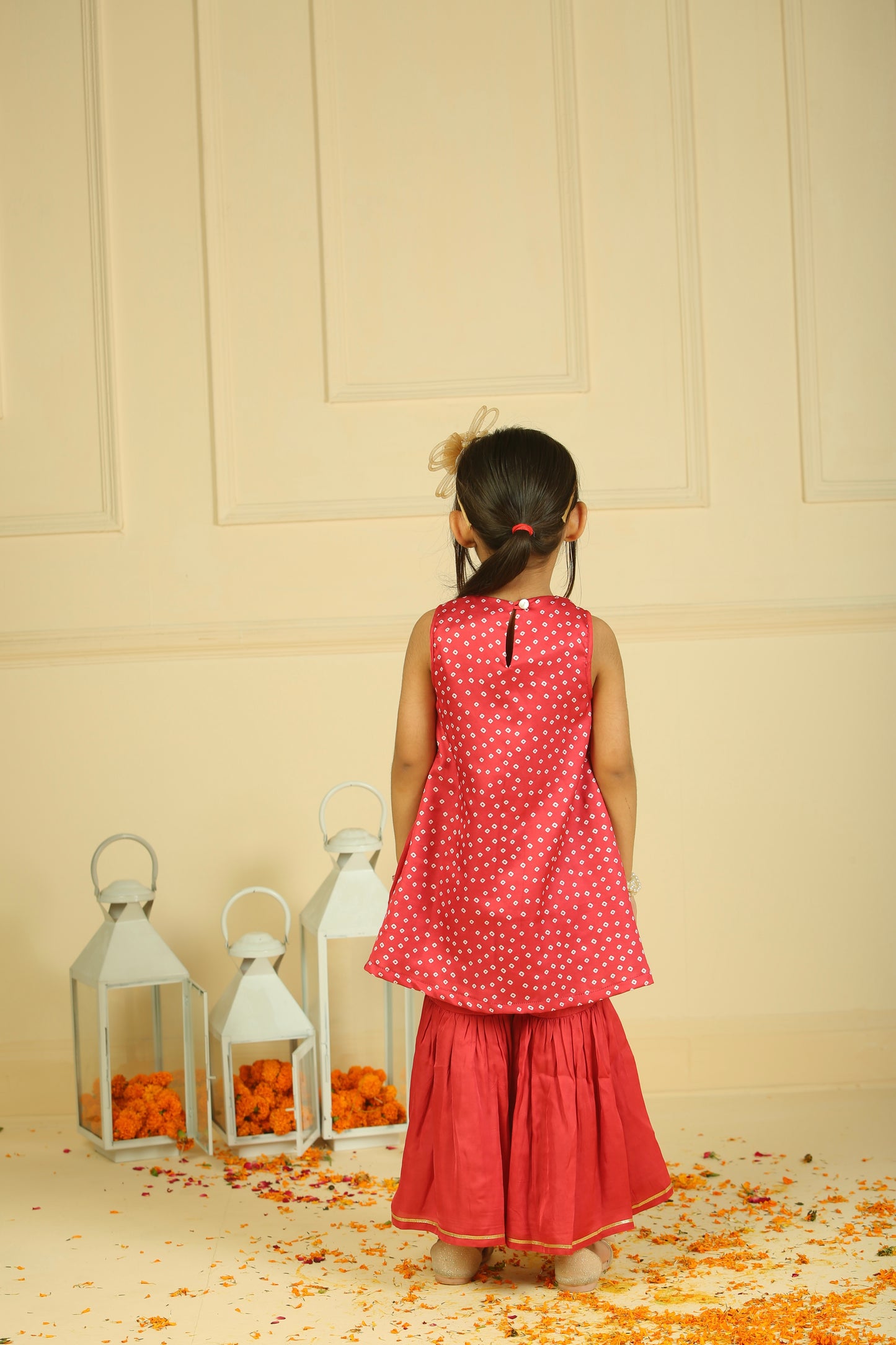 Red modal satin Bandhani Gharara set