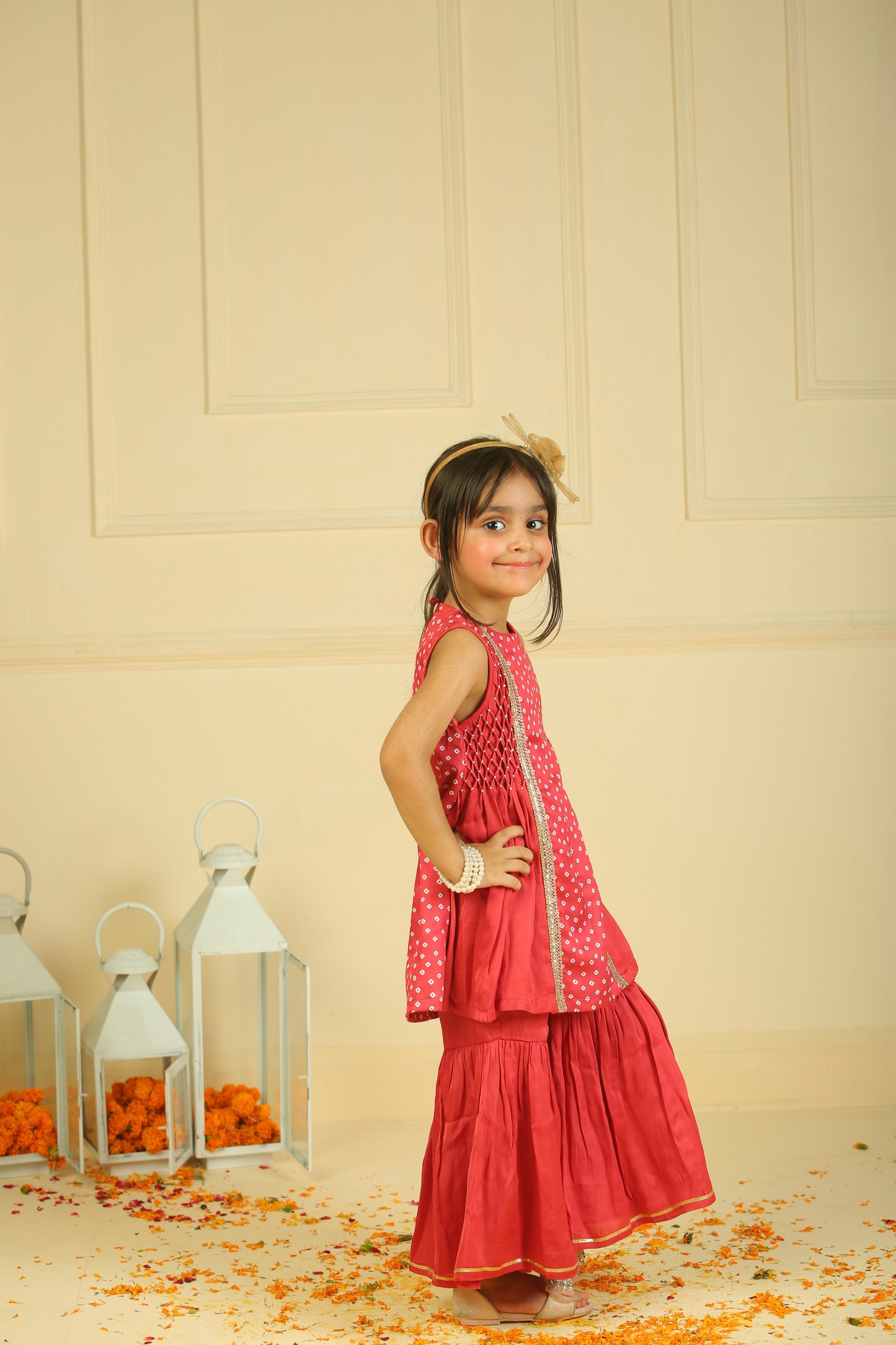 Red modal satin Bandhani Gharara set