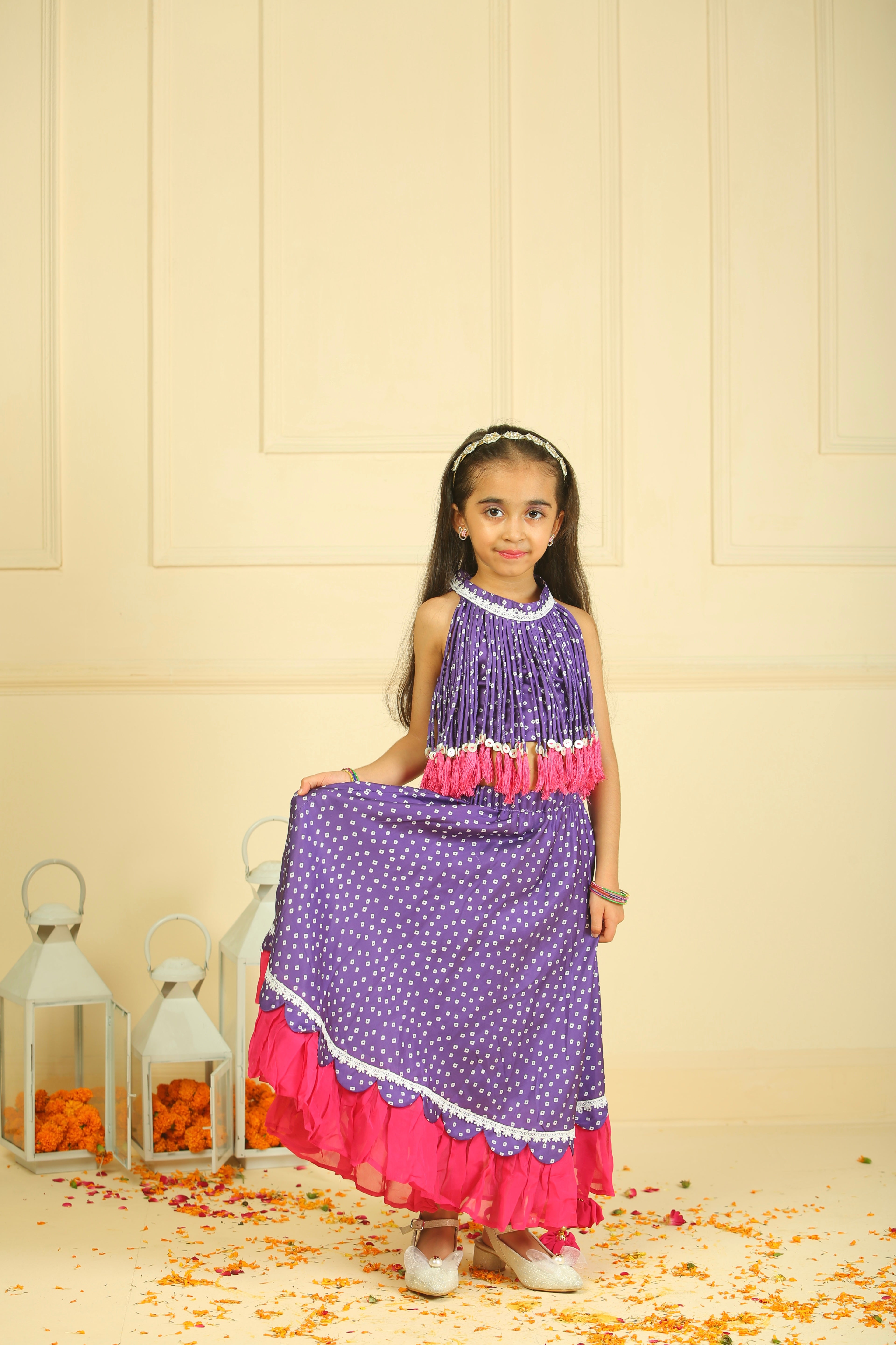 Purple Bandhani Printed Modal Choli with Lehenga