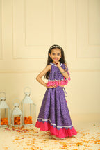 Purple Bandhani Printed Modal Choli with Lehenga
